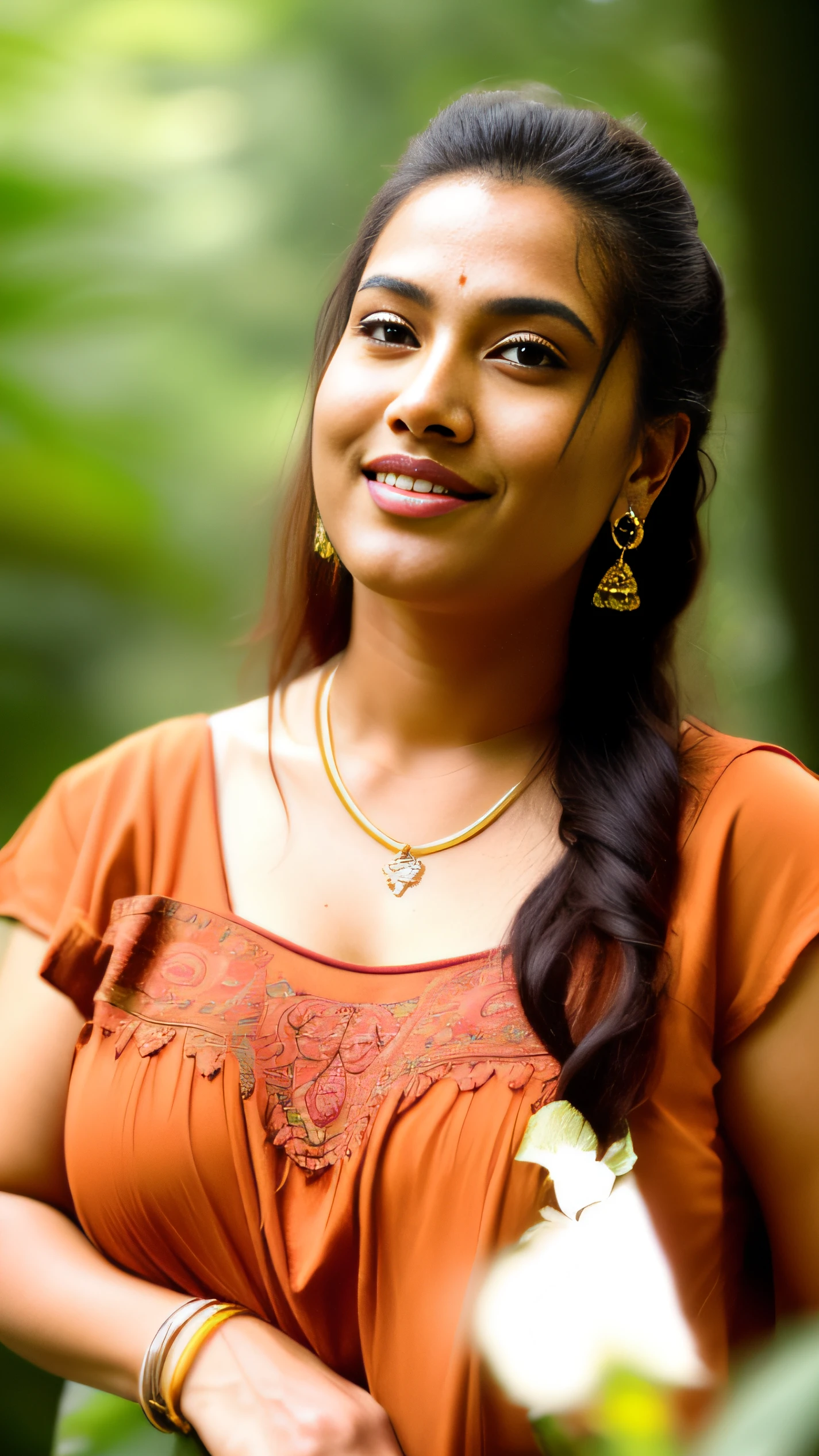 day scene, smile, extreme close up photo of seductive indian model from top view wearing semi yellow crop top with big breast, big cheeks, red Hollywood lips, squatting near shrub in a garden, hourglass figure, armpits, (long loose silky natural reddish black hair on air),(blue eyes:1), ponytail, necklace, 30 yo, look at viewer and smile,forest background (cinematic:1.3), intricate details, (ArtStation:1.2)