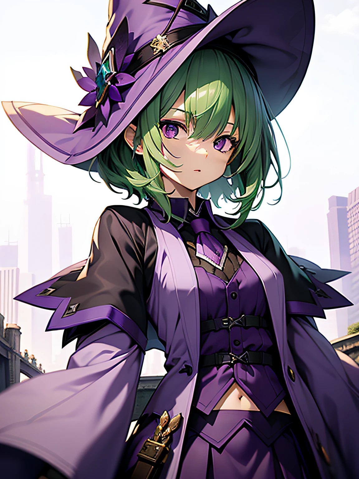 top-quality、extremely delicate and beautiful、(A  girl)、Purple Eye、Green hair、short-haired、(purple witch hat)、Purple tie、Tactical Vest、Soio、shortsleeves、Purple skirt、Purple Wizard Robe、Navel、is standing、Facing the front、