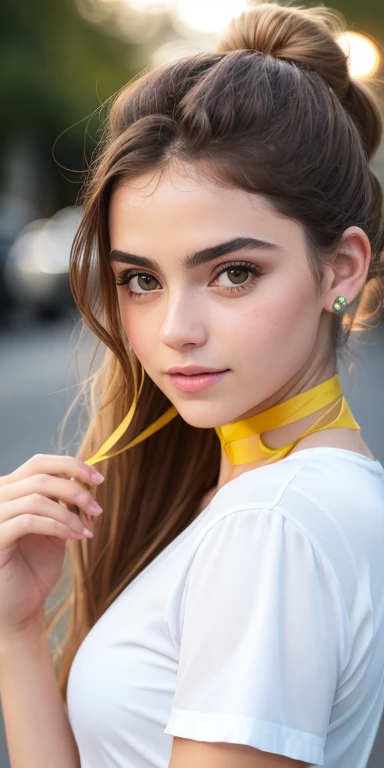 Photo of a 16-year-old European girl, .RAW, beautiful woman, (Light brown hair with ponytail hairstyle holding hair with yellow ribbon) light brown hair, ponytail and a yellow ribbon, pecas en mejillas , ojos azules , lindos ojos azules, linda sonrisa ,((retrato)), ((Cara detallada:1.2)), ((Detailed facial features)), (Piel finamente detallada), Pale skin,parque, Noria de Londres、camisa de manga corta blanca con una rosa , senos medianos , falda amarilla con imagenes de cuadros , falda amarilla con patrones de cuadros, mocasines negros , calcetas blancas largas 、Un sexy(cool color), humid, humid, Reflectores, (Masutepiece) (proporciones perfectas)(fotos realistas)(La mejor calidad) (Detallado) fotografiado con una EOS R5 de Canon, Lente de 50 mm, f/2.8, NffSW, (8k) (papel tapiz) (cinematic lighting) (Dramatic lighting) (foco nítido) (Enrevesado)