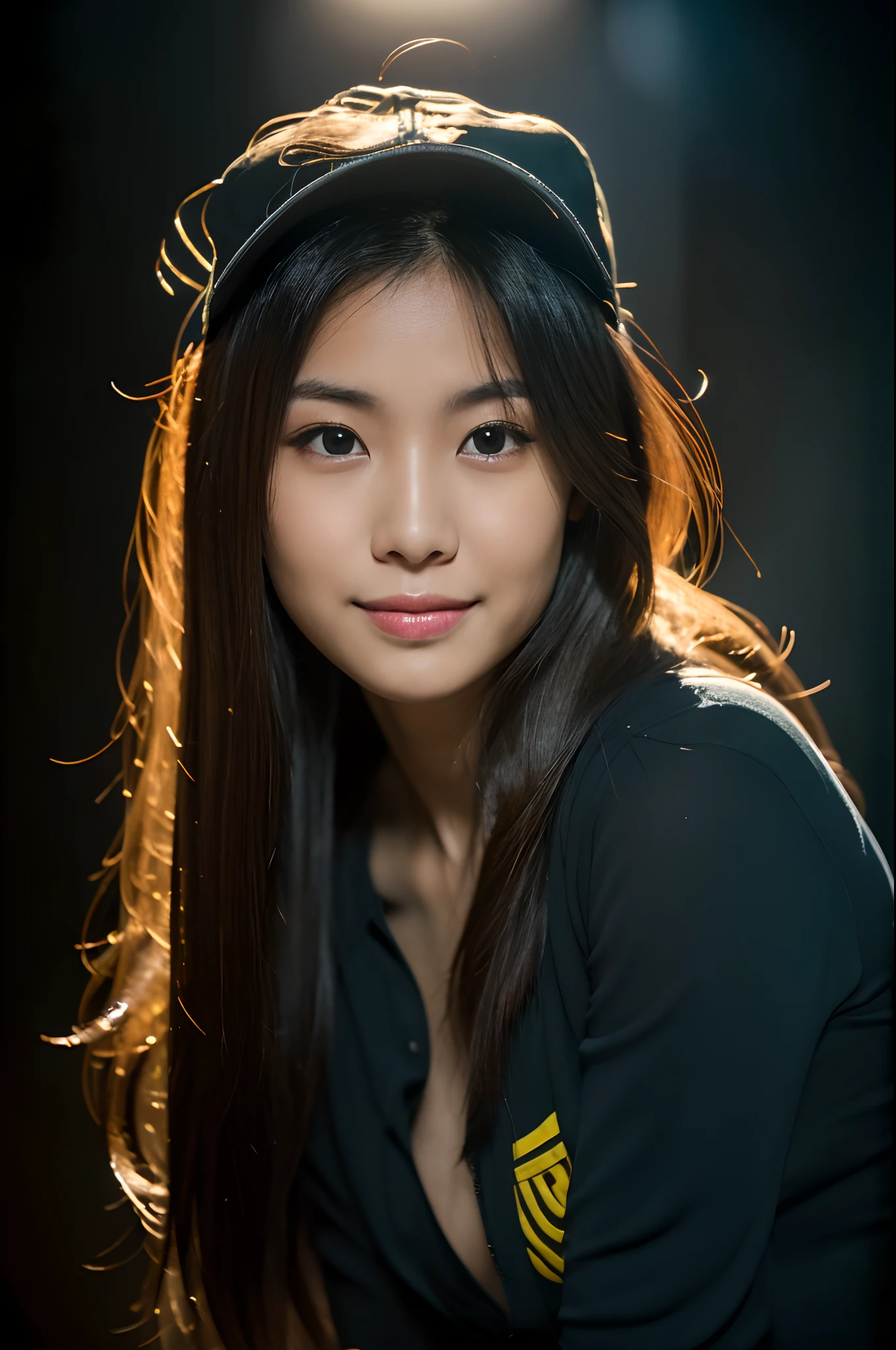 highest quality, epic realistic, ((in the pitch black darkness :1.4)), ((portrait:1.5)),(background: dark ) high contrast ,glorious picture, lowest lux, lighting face, she's comfortable, wearing yellow shirt, wearing yellow trucker cap, looks incredible, (8k, Raw photo, Highest quality),(epic realistic:1.5), a woman, face,(detailed eyes:0.8),(looking at the camera:1.4), (Highest quality), ( high contrast, deep shadows),Intricate details,cinematic,((skin:1.4)), (long dark hair:1.3), long hair, messy ,(Hdr:1.5),Detailed, colors, Superior quality, Masterpiece, Raw Photo (20-year-old, looking at viewer), beautiful, (wearing plain yellow shirt,), perfect, natural, perfect composition, portrait, perfect face, smiling expression, Captivating eyes, Bright details, Tight lips, (High Skin Detail),, (blue tint: 0.6), (sale: 0.8), (bloody: 0.7), Key lighting , (backlight: 0.5), Medium depth of field, Canon 5d, 50mm lens, f/4 apertures, (Ultra-detailed, Complex detail), sharp focus, soft colors, 8k, Absurd, 80mm, dark background, photography, smiling, pinay, filipina, medium boobs,