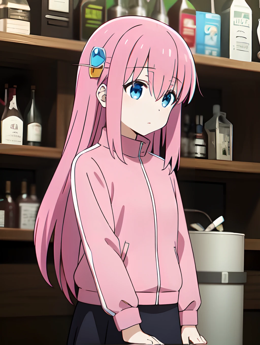 Masterpiece, Best quality, high resolution, ((Hitori Gotou)), blue eyes, bucket hair ornament, hair between the eyes, hair ornament, pink hair, one side up, Long hair, black skirt, long skirt, jacket, long sleeves, pink jacket, sports jacket, tracksuit, upper body, bar,