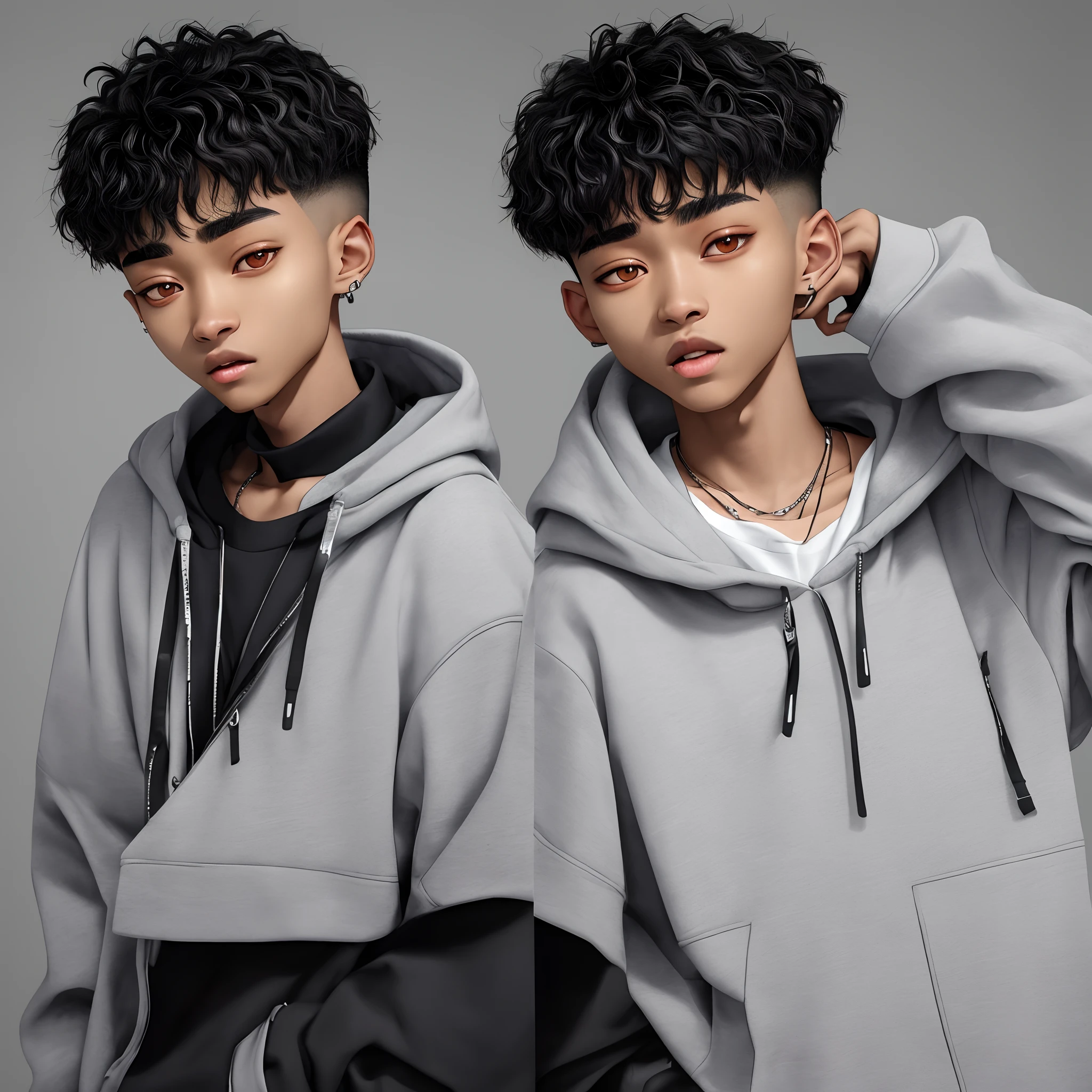 An underweight frail boy that has a wolf cut thick eye brows and looks like a mix of jaden smith, yeonjun, and soyeon
