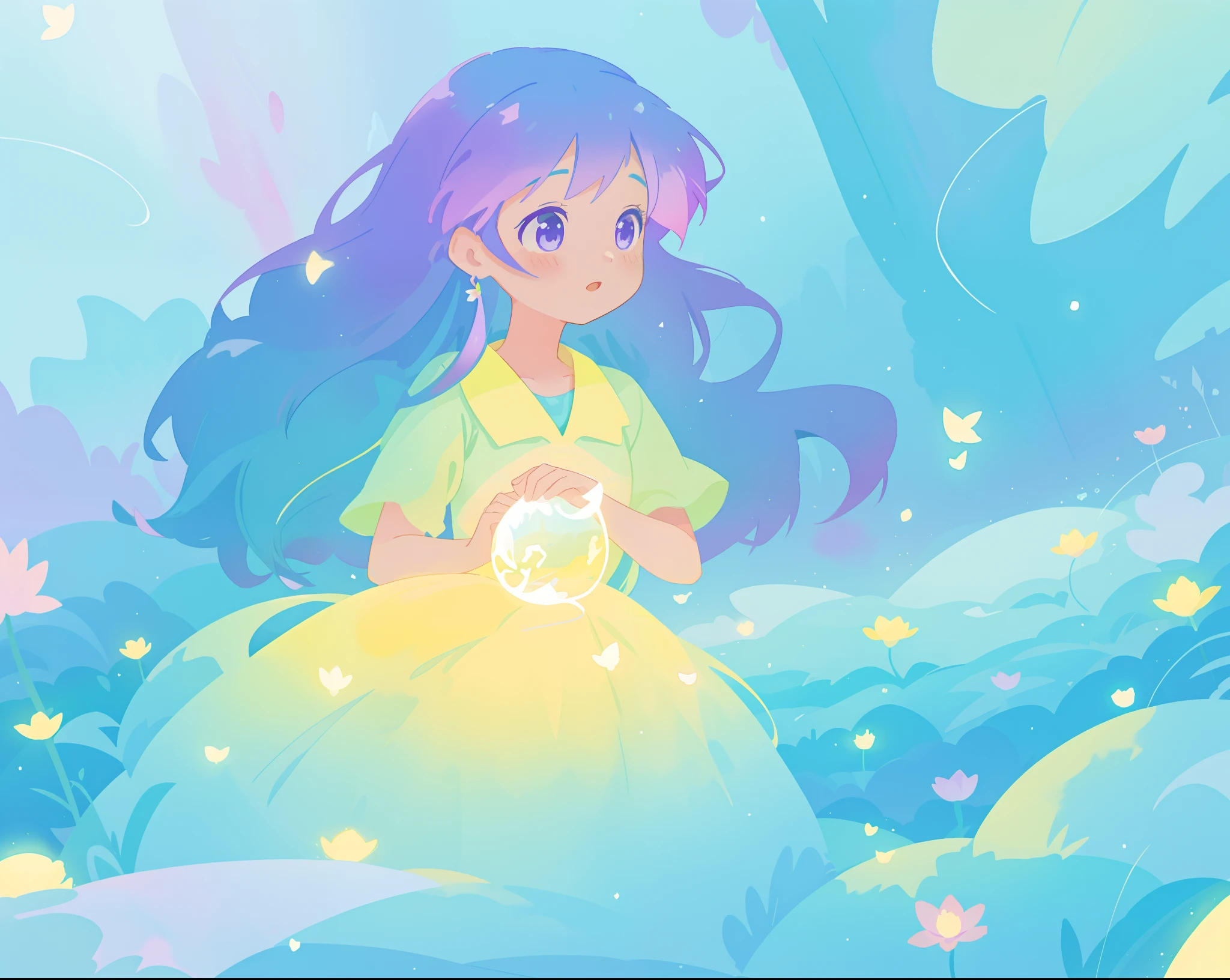 beautiful girl in yellow mint gradient flowing ballgown, long flowing blue purple hair, colorful fantasia background, watercolor illustration, disney art style, glowing aura around her, glowing lights, beautiful digital illustration, fantasia otherworldly landscape plants flowers, beautiful, masterpiece, best quality, anime disney style