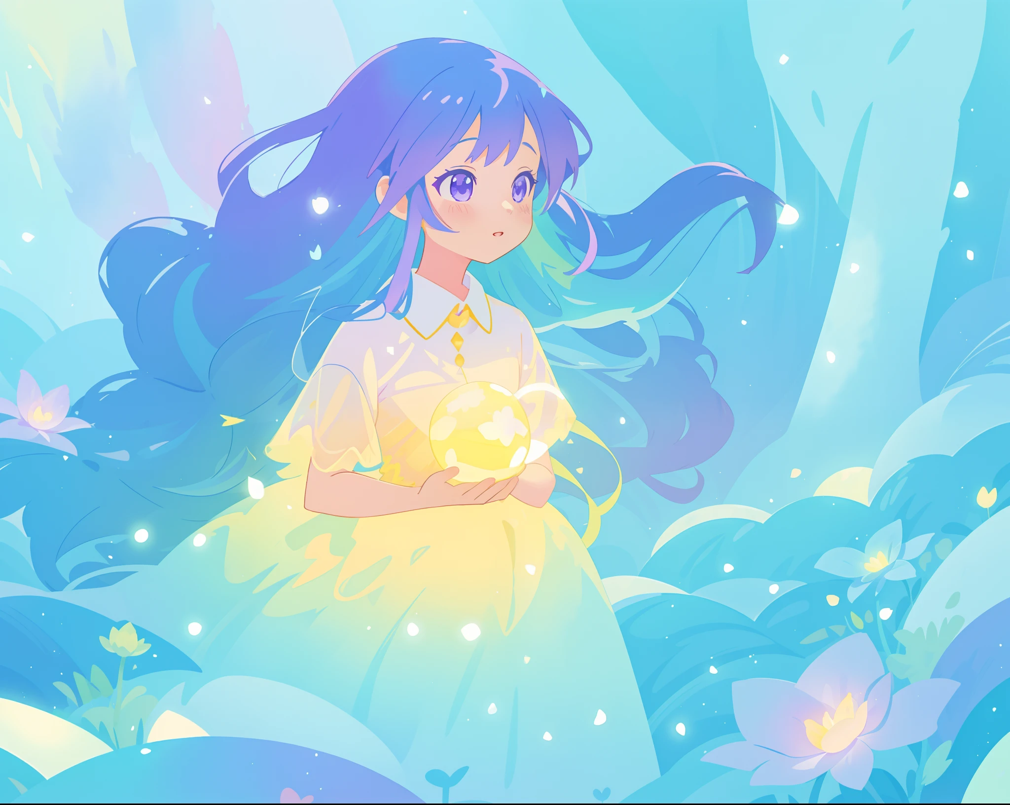 beautiful girl in yellow mint gradient flowing ballgown, long flowing blue purple hair, colorful fantasia background, watercolor illustration, disney art style, glowing aura around her, glowing lights, beautiful digital illustration, fantasia otherworldly landscape plants flowers, beautiful, masterpiece, best quality, anime disney style