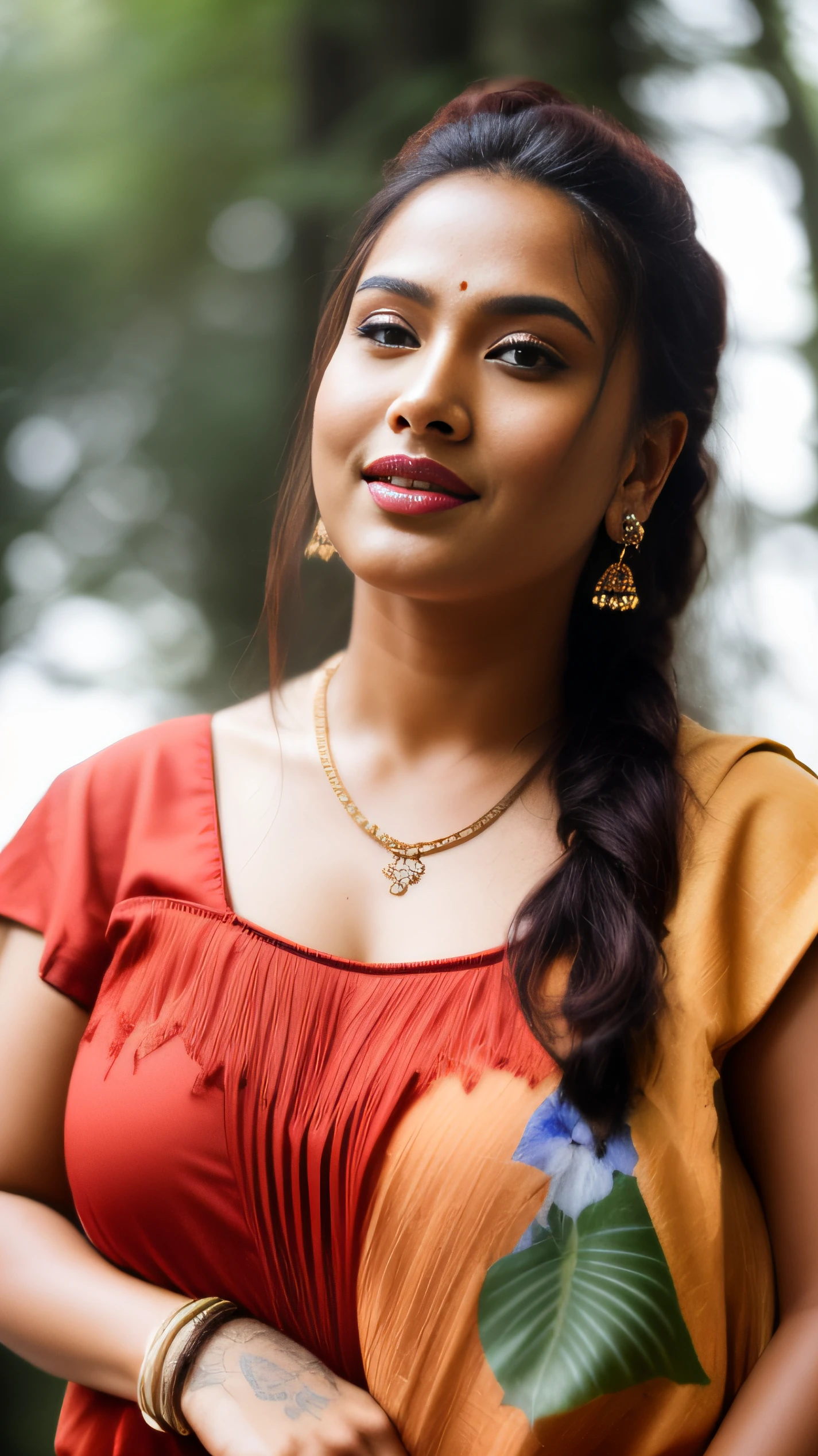 day scene, extreme close up photo of seductive indian model from top view wearing semi yellow crop top with big breast, big cheeks, red Hollywood lips, squatting near shrub in a garden, hourglass figure, armpits, (long loose silky natural reddish black hair on air),(blue eyes:1), ponytail, necklace, 30 yo, look at viewer and smile,forest background (cinematic:1.3), intricate details, (ArtStation:1.2)