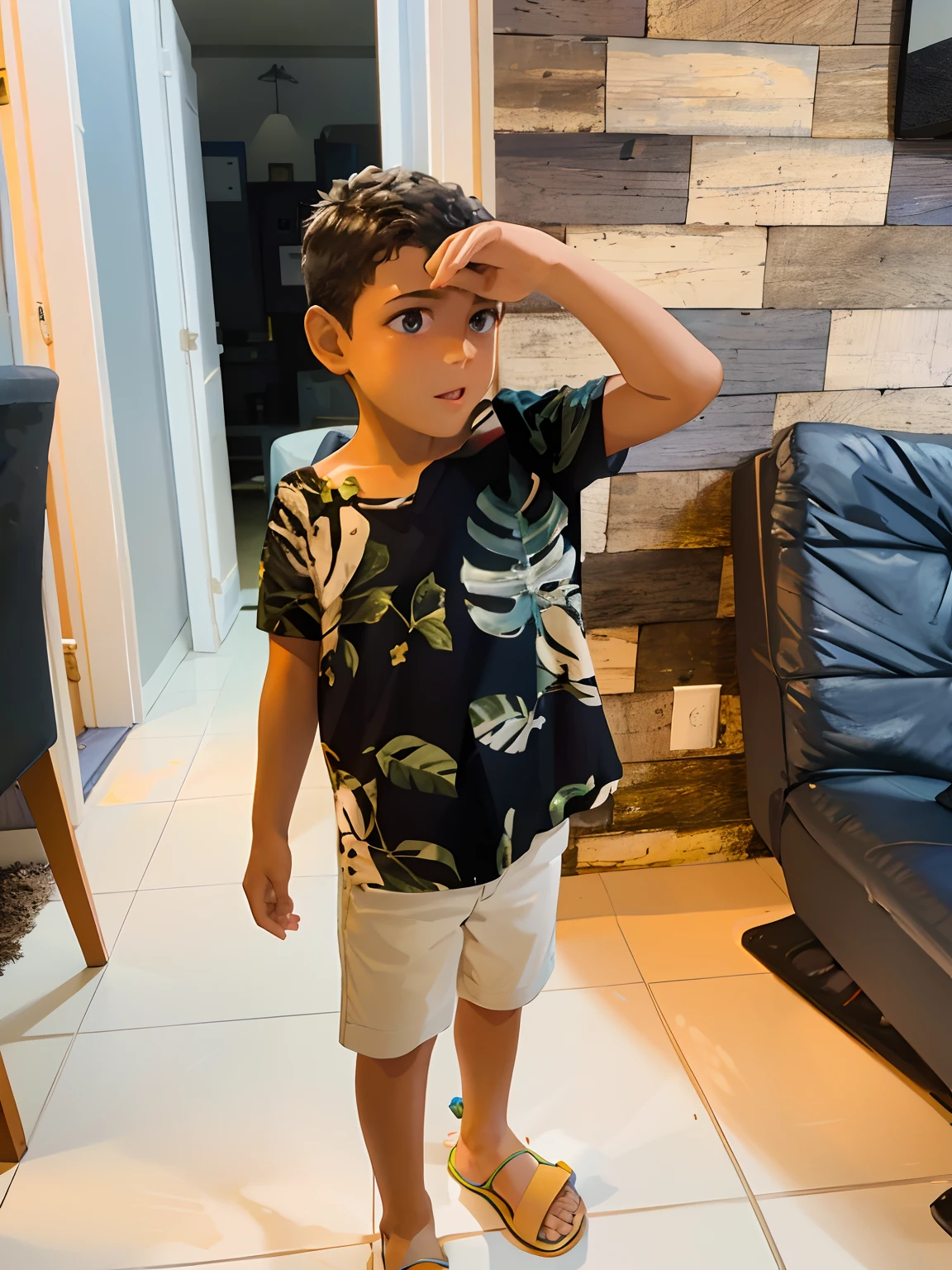 There is a boy standing in a living room with a remote control, com camisa havaiana, bonito, Directed by: Nandor Soldier, mateus 9 5, summer shirt, menino Camisa havaiana, estilo tropical, vibe tropical, vestido com um top e curtos, 4 anos de idade, ele tem cerca de 20 anos | curto, 2 anos