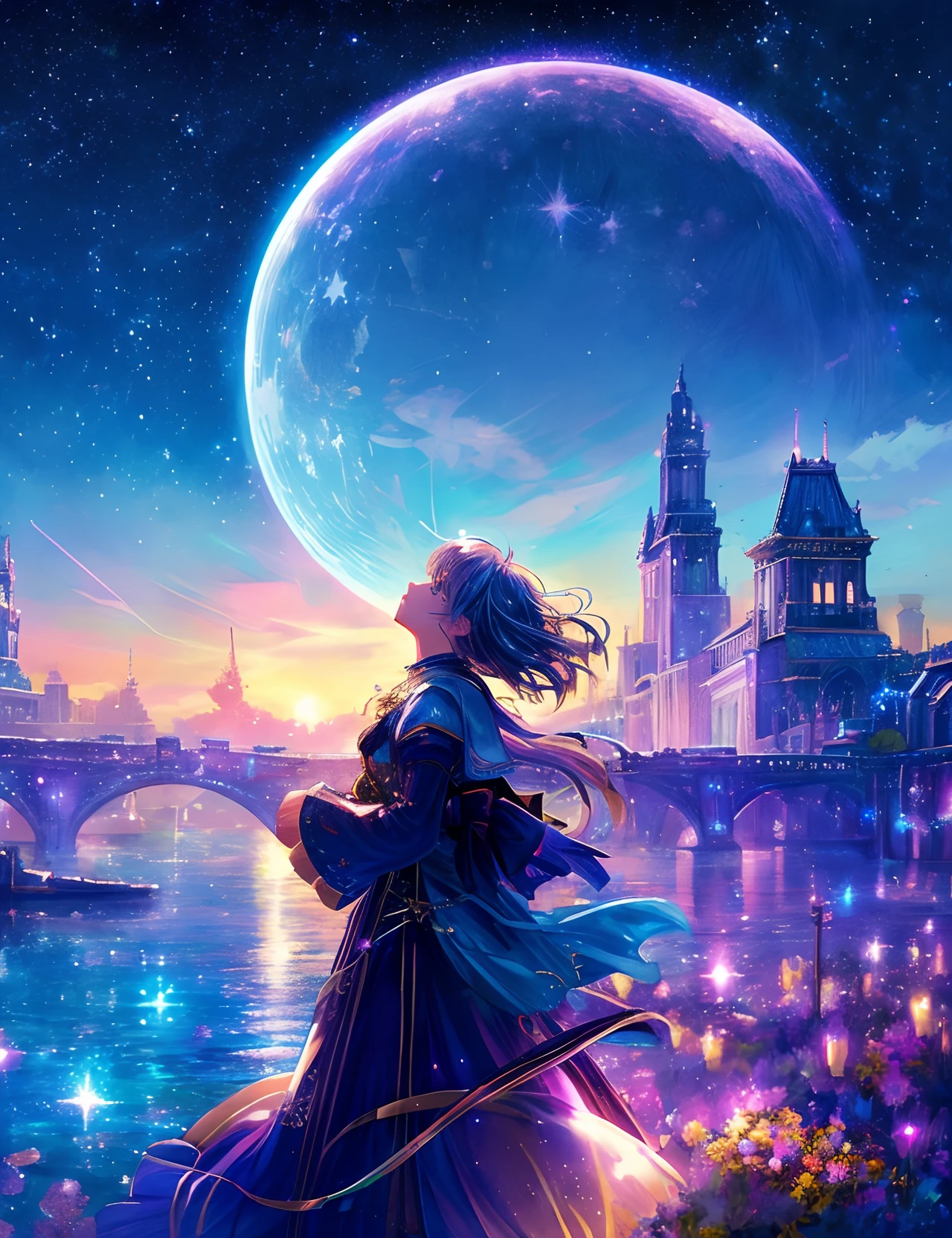 Close-up girl looking up、Crying girl、Girl in profile、The colorful Metropolitan Museum of Art in the background、River painting with stars and moon in rainbow sky、the met、Shining skyscrapers、Shine across the board、Skyscrapers、Concept art inspired by Mitsuoki Tosa、pixiv contest winners、top-quality、Fantasyart、beautiful anime scene、Bright moon、Moonlit star environment、Dream painting、Anime Background Art、Fantasy landscape art、fantasy knight、anime backgrounds、background artwork、Fantastic art、atmospheric anime、starrysky、Detail has been enhanced。