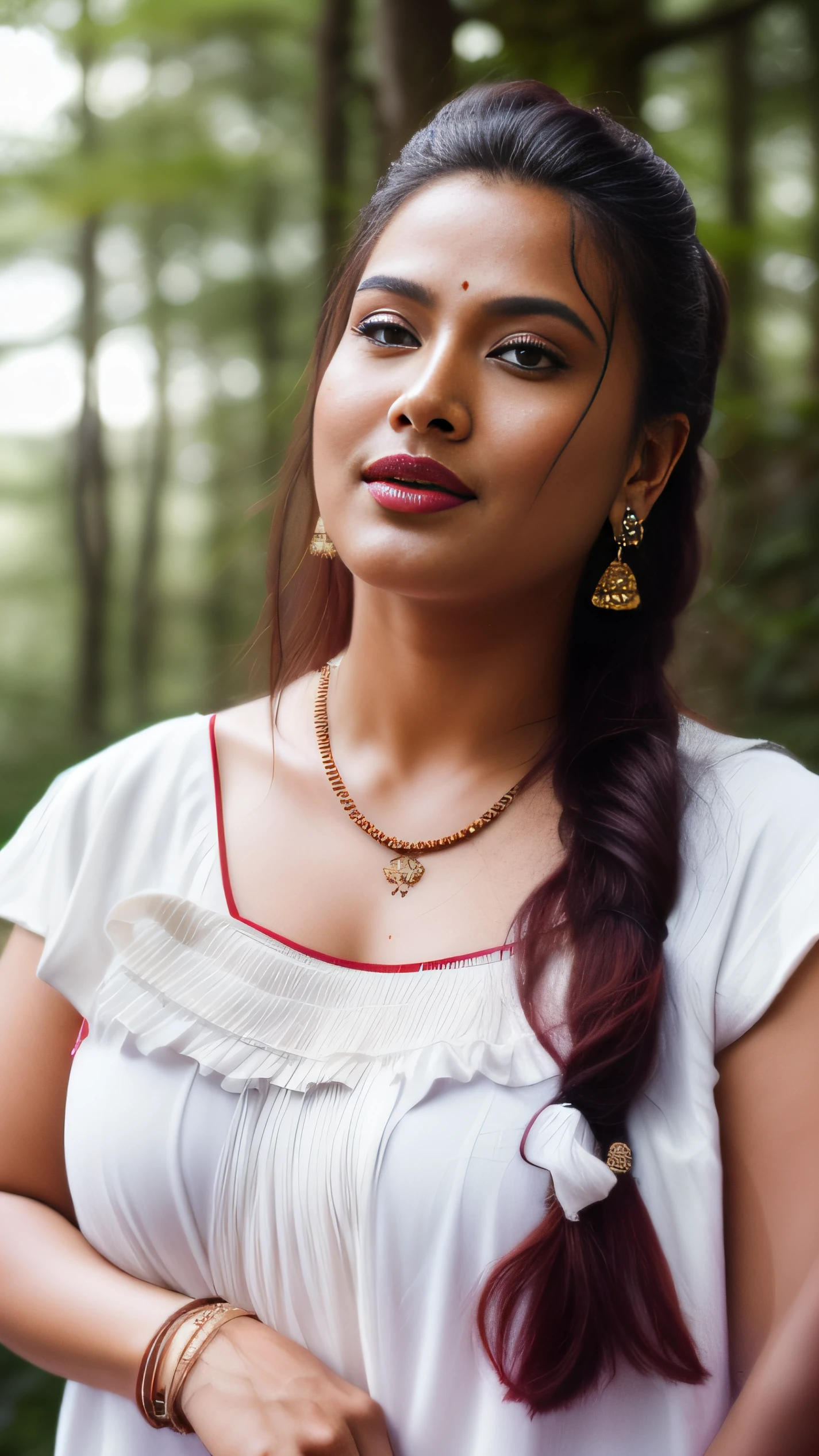 day scene, extreme close up photo of seductive indian model from top view wearing semi yellow crop top with big breast, big cheeks, red Hollywood lips, squatting near shrub in a garden, hourglass figure, armpits, (long loose silky natural reddish black hair on air),(blue eyes:1), ponytail, necklace, 30 yo, look at viewer and smile,forest background (cinematic:1.3), intricate details, (ArtStation:1.2)