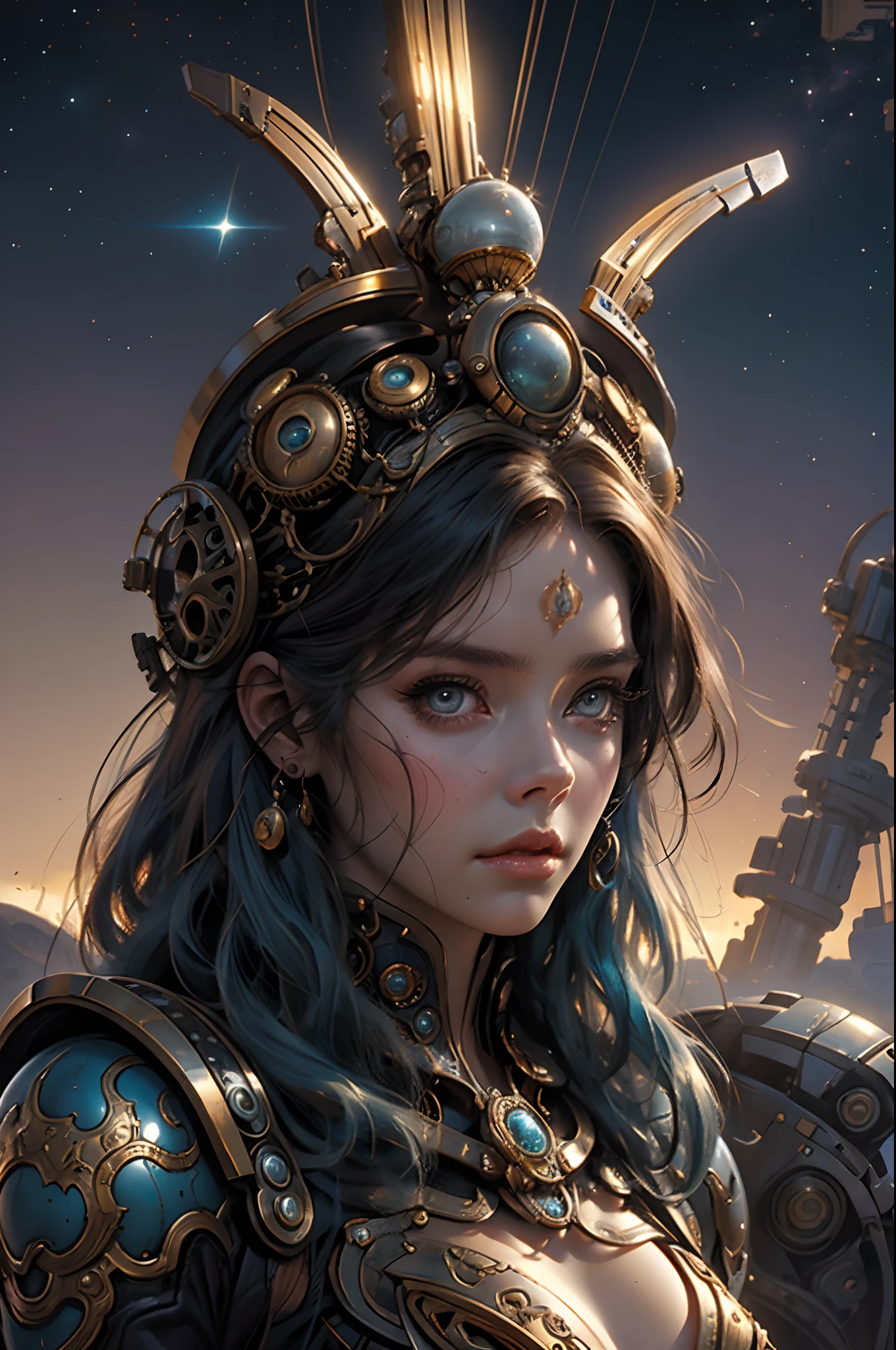 Close-up of a woman wearing a helmet and sci-fi, boris vallejo and tom bagshaw, Prophet graphic novel, Cosmic artifacts, Inspired by Earl Norem, Deep dreams, awarded on cgsociety, looks a bit similar to amy adams, golden turquoise steampunk, anno 2070