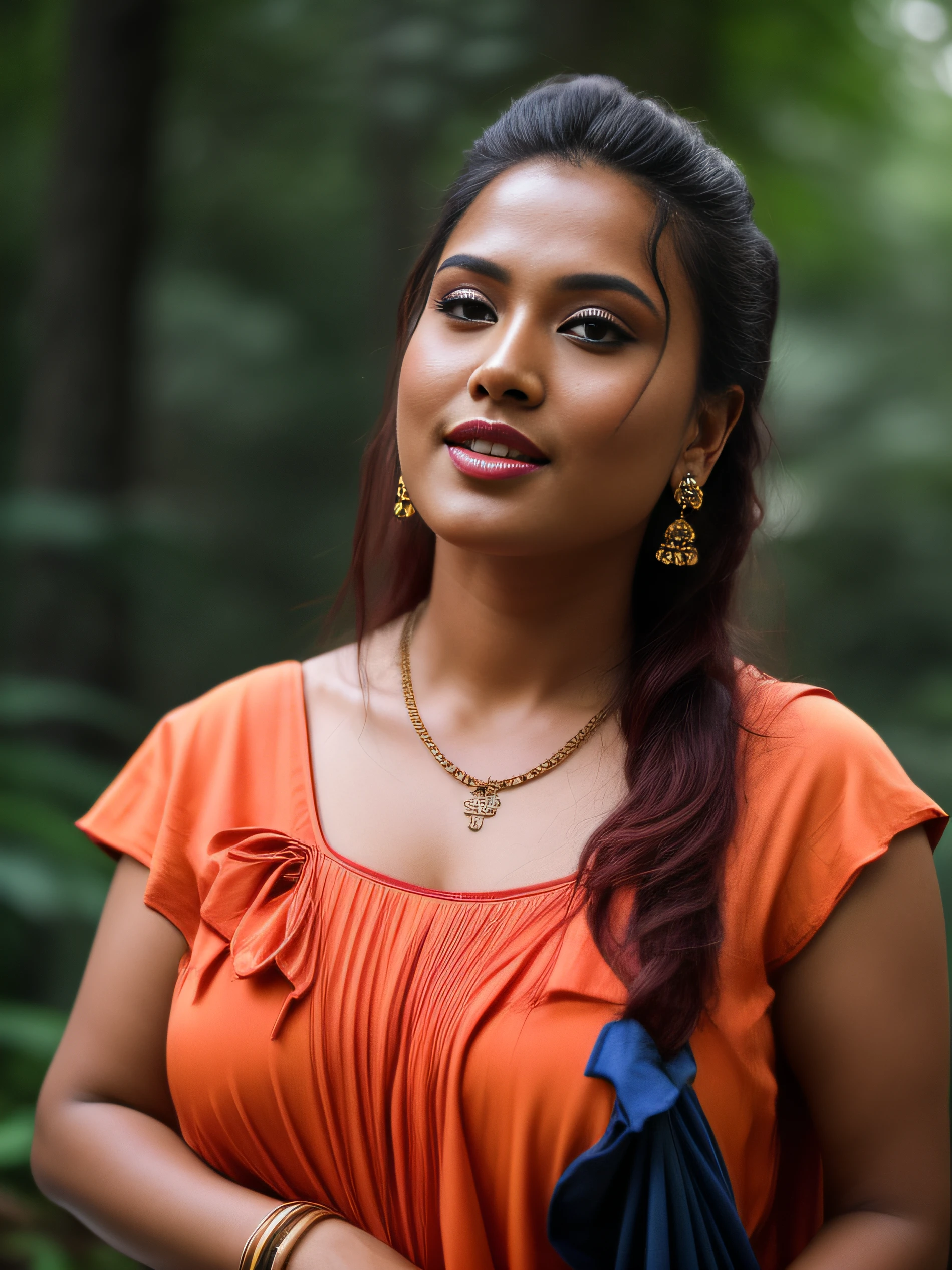 day scene, extreme close up photo of seductive indian model from top view wearing semi yellow crop top with big breast, big cheeks, red Hollywood lips, squatting near shrub in a garden, hourglass figure, armpits, (long loose silky natural reddish black hair on air),(blue eyes:1), ponytail, necklace, 30 yo, look at viewer and smile,forest background (cinematic:1.3), intricate details, (ArtStation:1.2)