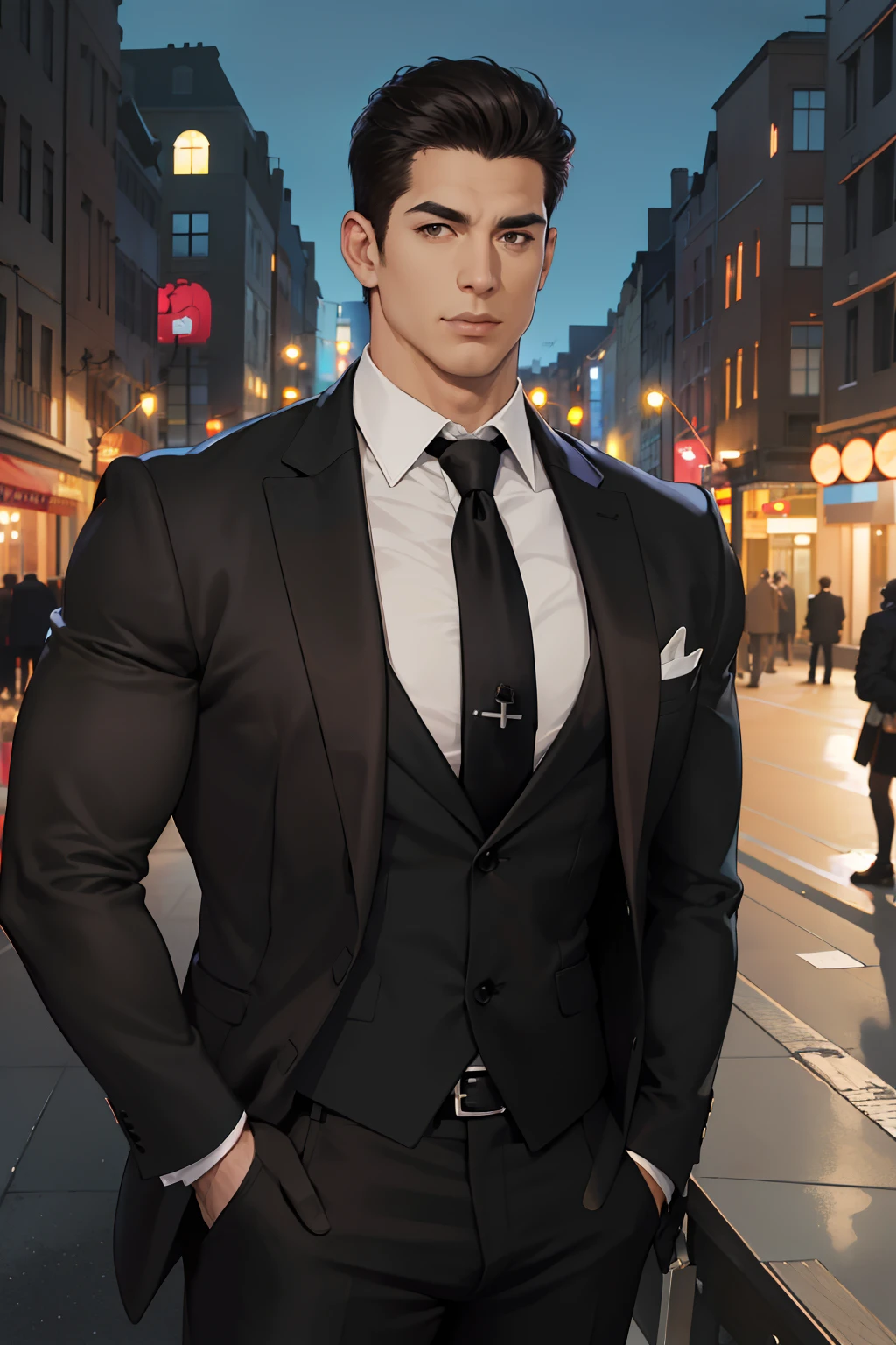 Handsome man with black hair and purple eyes, long black coat and ripped black t shirt, black cargo pants and long sleeves