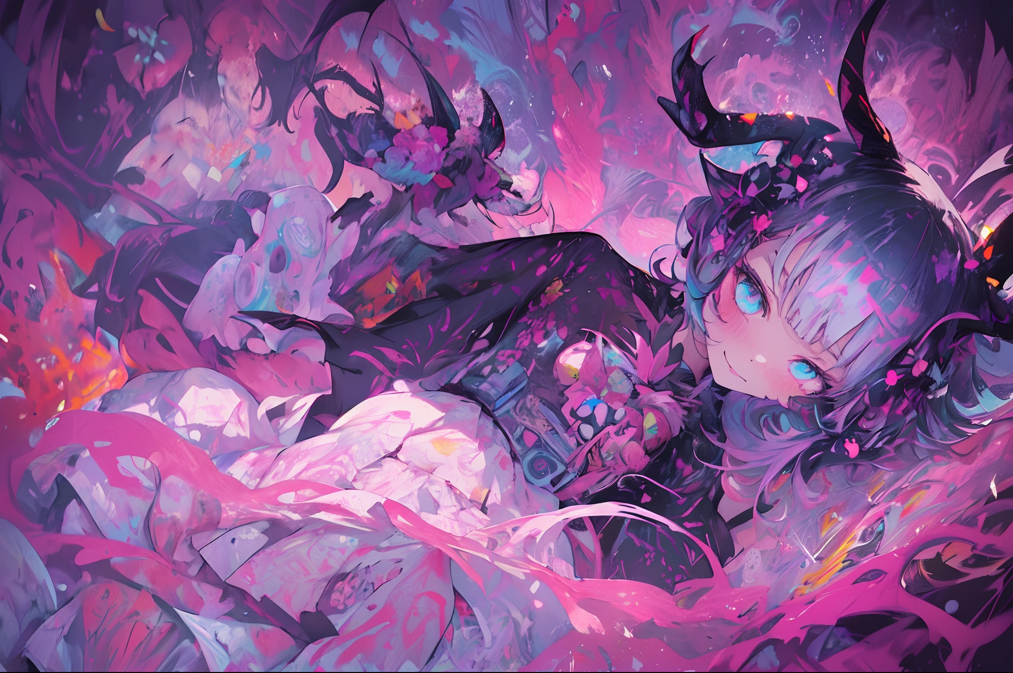 ((Flower dress),((demonic horns)),Ghost people,innocent smiles,(1 girl, Solo:1.6),(Cute smile),(Clothes are simple), (Best Impact:1.5), (maximalism:1.7), Vivid contrast, (Realistic), hyperrealistic illustrations, hight resolution, ultra-detailliert, absurderes,(Fractal Art:1.3)、Random hairstyle、Random hair color colorful、FULL BODYSHOT、Retro、Precise focus、randome pose、cinema4d、Drama