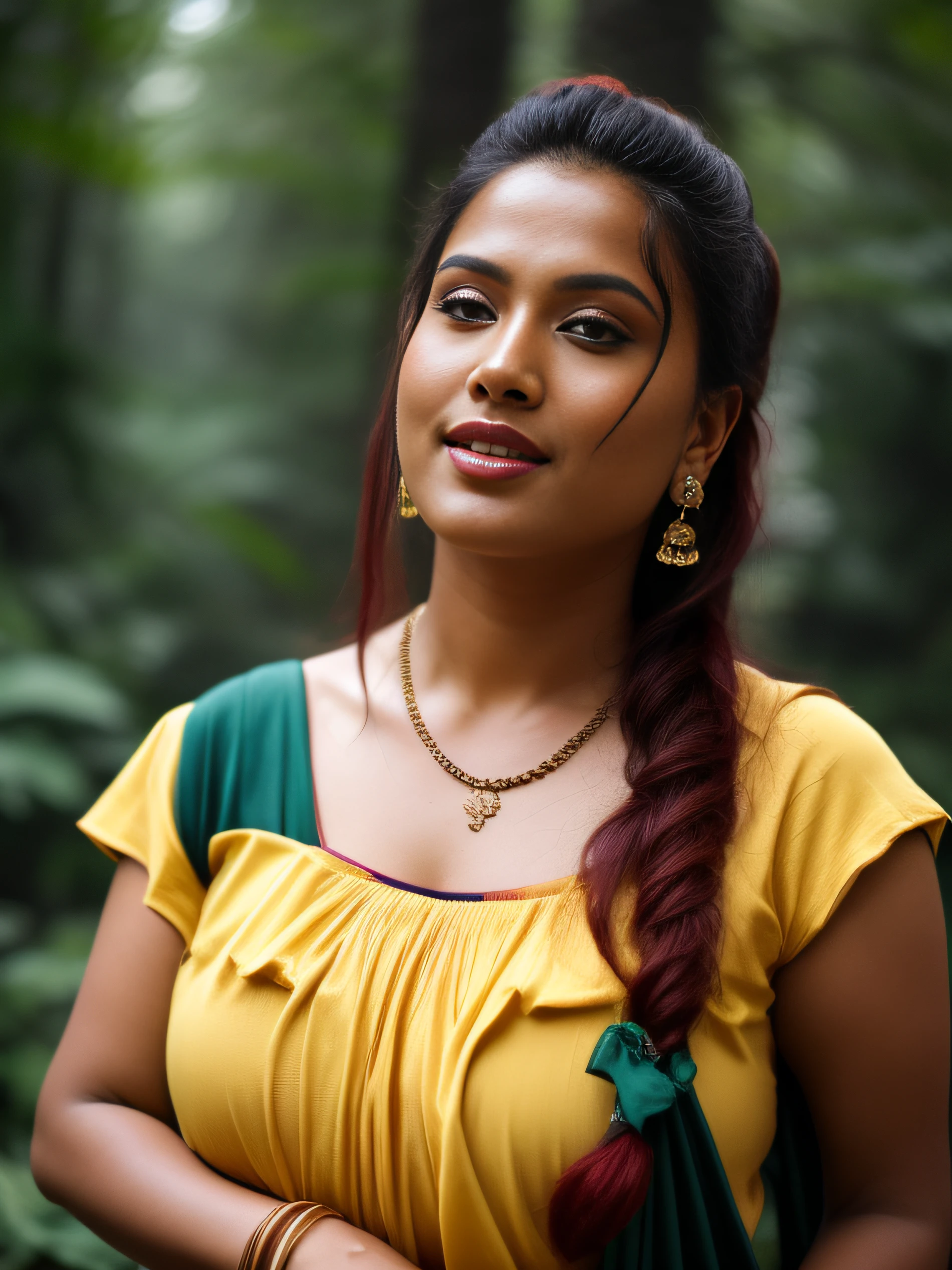 day scene, extreme close up photo of seductive indian model from top view wearing semi yellow crop top with big breast, big cheeks, red Hollywood lips, squatting near shrub in a garden, hourglass figure, armpits, (long loose silky natural reddish black hair on air),(blue eyes:1), ponytail, necklace, 30 yo, look at viewer and smile,forest background (cinematic:1.3), intricate details, (ArtStation:1.2)