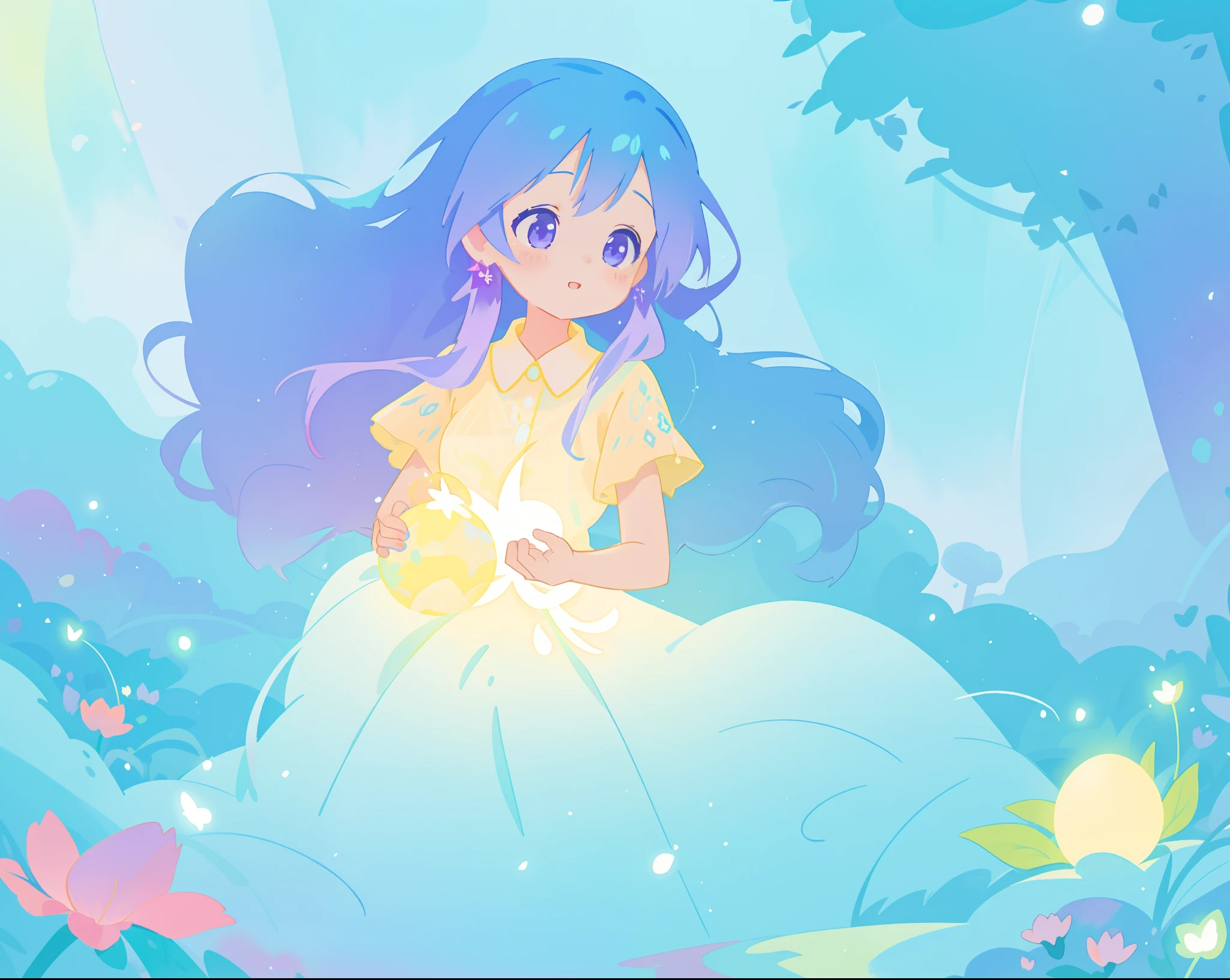 beautiful girl in yellow mint gradient flowing ballgown, long flowing blue purple hair, colorful fantasia background, watercolor illustration, disney art style, glowing aura around her, glowing lights, beautiful digital illustration, fantasia otherworldly landscape plants flowers, beautiful, masterpiece, best quality, anime disney style
