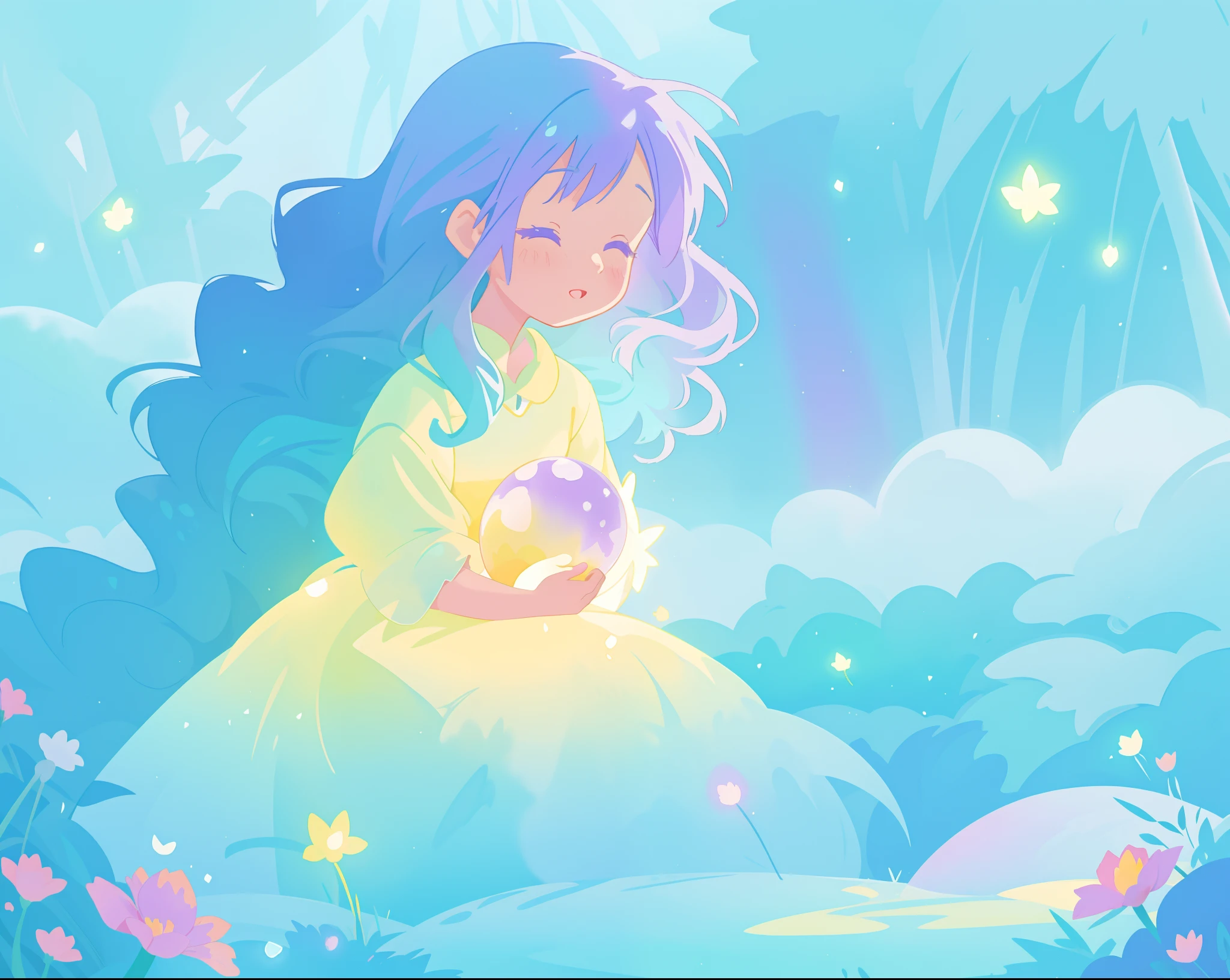 beautiful girl in yellow mint gradient flowing ballgown, long flowing blue purple hair, colorful fantasia background, watercolor illustration, disney art style, glowing aura around her, glowing lights, beautiful digital illustration, fantasia otherworldly landscape plants flowers, beautiful, masterpiece, best quality, anime disney style
