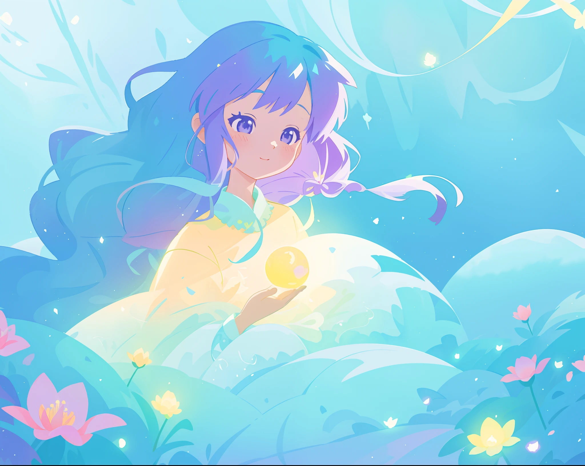 beautiful girl in yellow mint gradient flowing ballgown, long flowing blue purple hair, colorful fantasia background, watercolor illustration, disney art style, glowing aura around her, glowing lights, beautiful digital illustration, fantasia otherworldly landscape plants flowers, beautiful, masterpiece, best quality, anime disney style