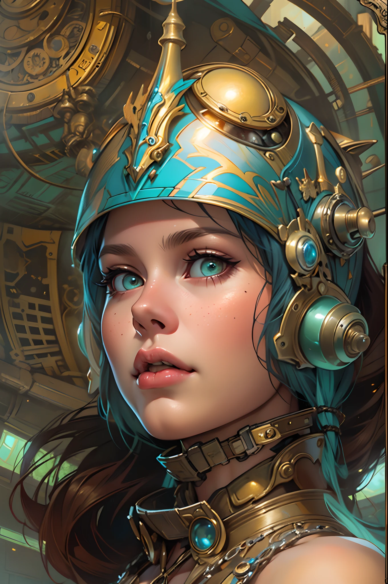 Close-up of a woman wearing a helmet and sci-fi, boris vallejo and tom bagshaw, Prophet graphic novel, Cosmic artifacts, Inspired by Earl Norem, Deep dreams, awarded on cgsociety, looks a bit similar to amy adams, golden turquoise steampunk, anno 2070