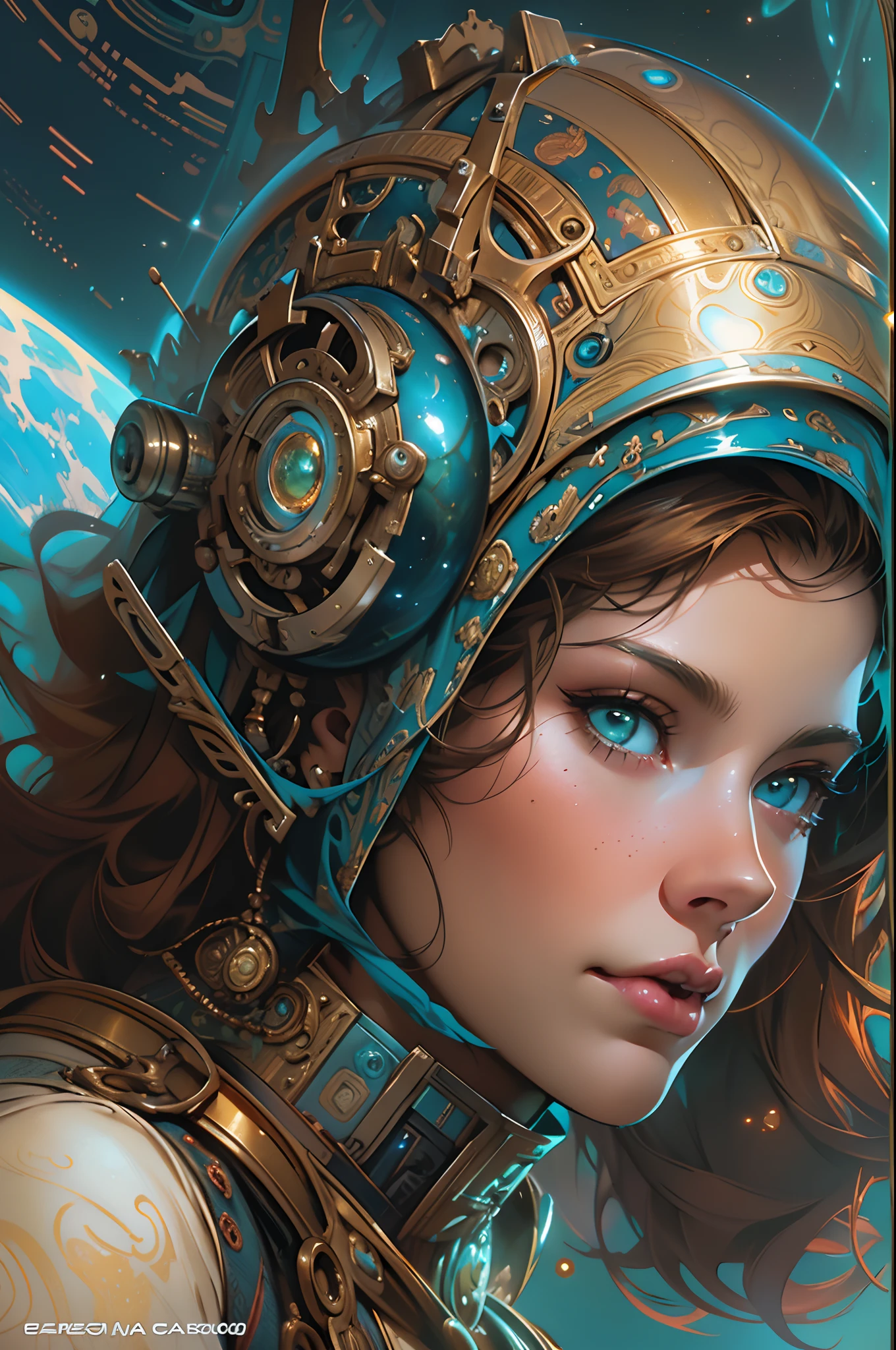Close-up of a woman wearing a helmet and sci-fi, boris vallejo and tom bagshaw, Prophet graphic novel, Cosmic artifacts, Inspired by Earl Norem, Deep dreams, awarded on cgsociety, looks a bit similar to amy adams, golden turquoise steampunk, anno 2070