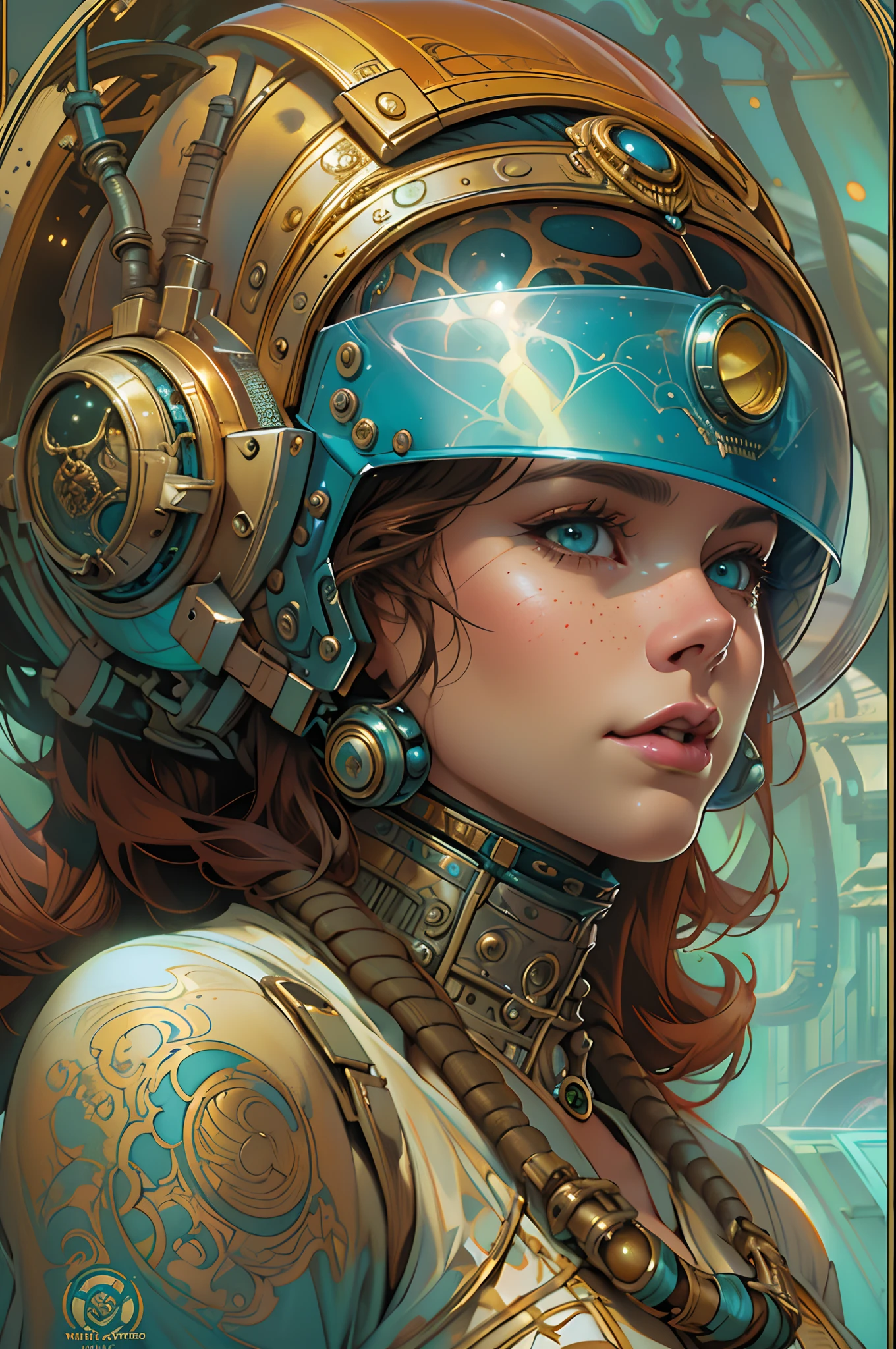 Close-up of a woman wearing a helmet and sci-fi, boris vallejo and tom bagshaw, Prophet graphic novel, Cosmic artifacts, Inspired by Earl Norem, Deep dreams, awarded on cgsociety, looks a bit similar to amy adams, golden turquoise steampunk, anno 2070