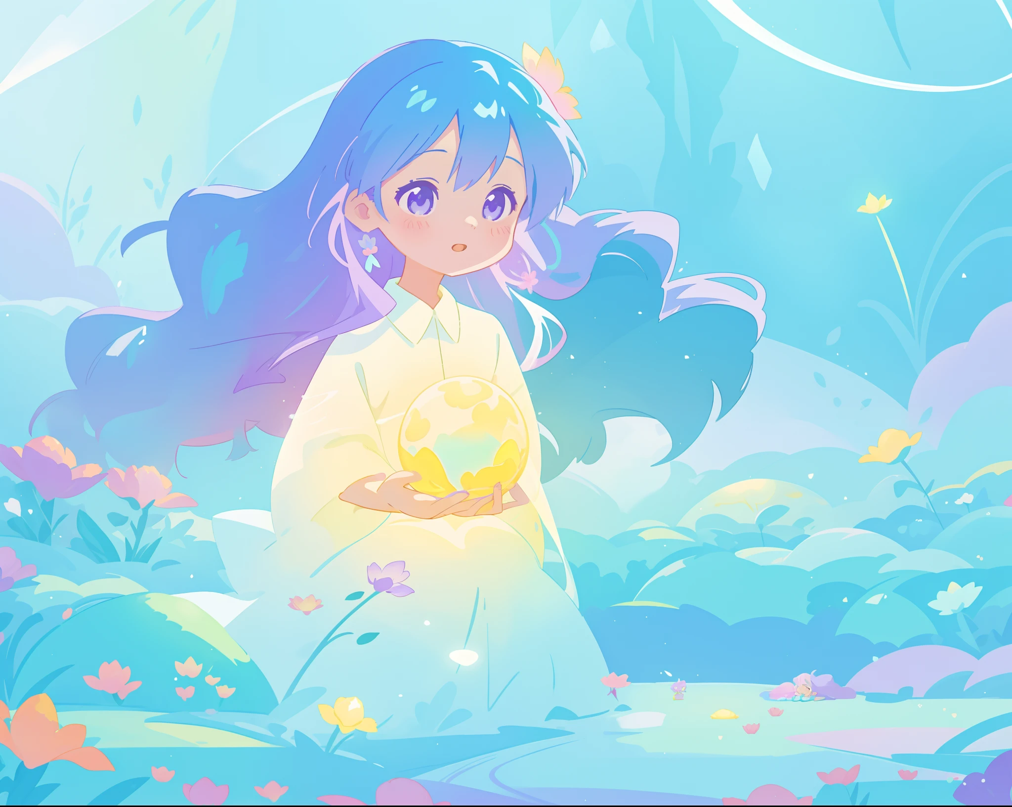 beautiful girl in yellow mint gradient flowing ballgown, long flowing blue purple hair, colorful fantasia background, watercolor illustration, disney art style, glowing aura around her, glowing lights, beautiful digital illustration, fantasia otherworldly landscape plants flowers, beautiful, masterpiece, best quality, anime disney style