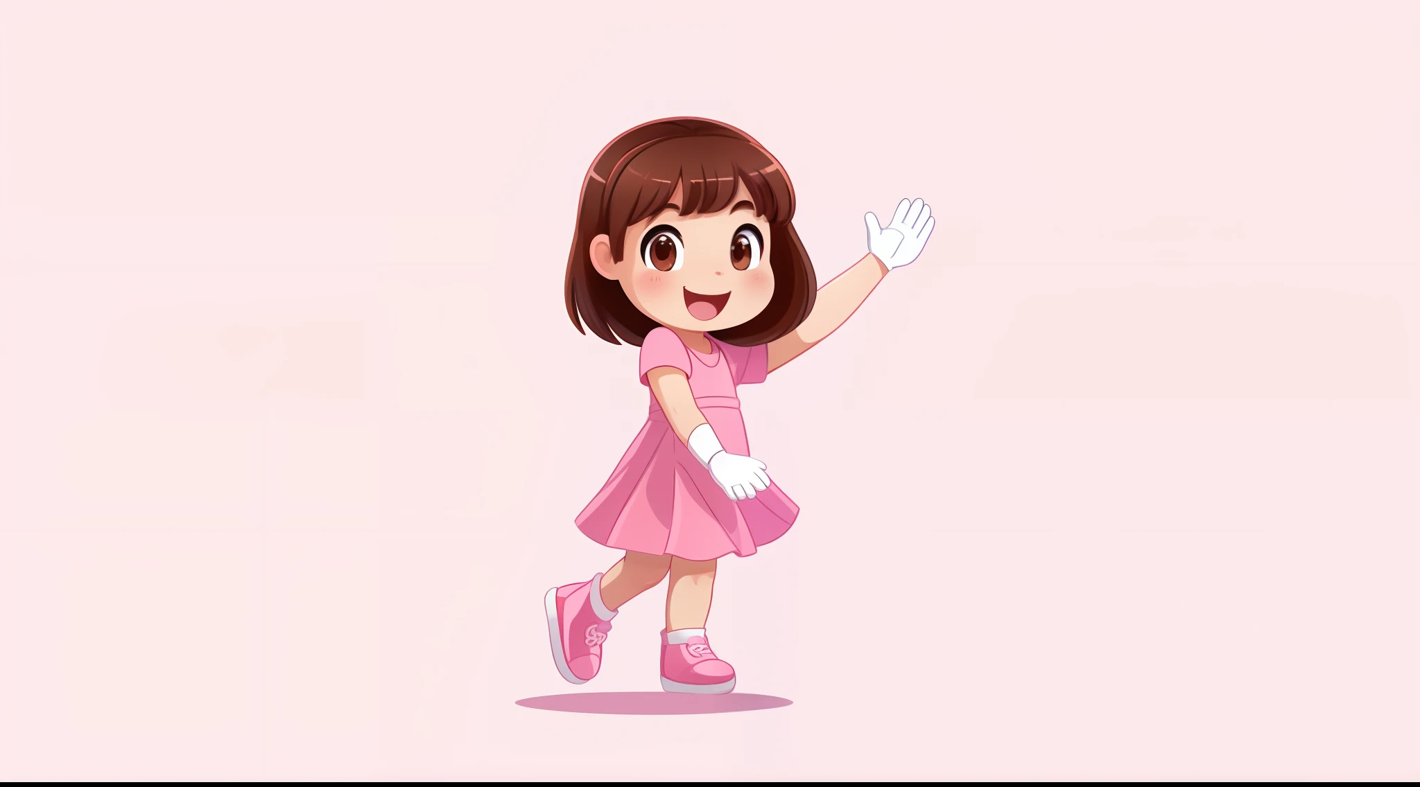 front image of a single 5  girl waving her hands, alone, happy, with brown hair, brown eyes, rosy cheeks, pink dress, white gloves, pink shoes, full body, white background, 2D style children's illustration.