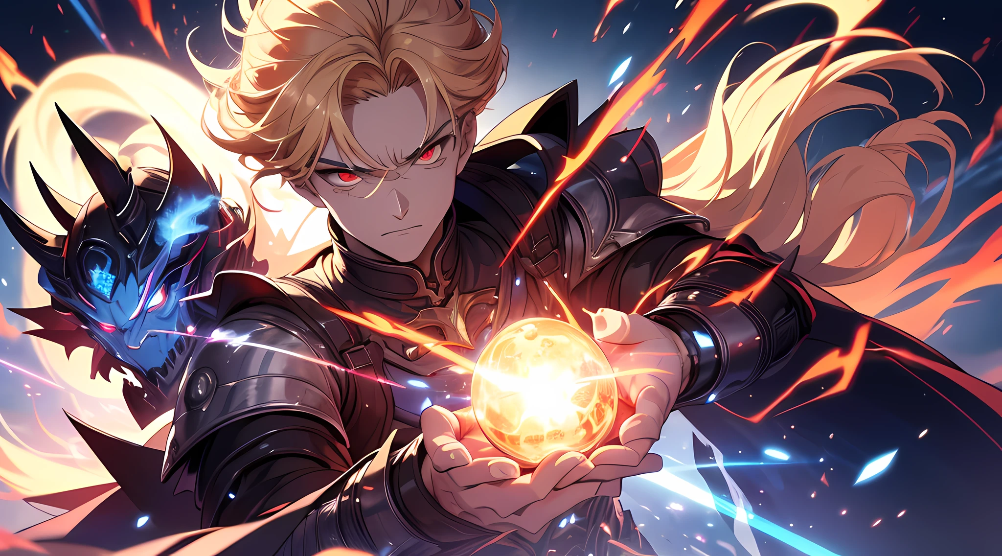 (ultra-detailed, perfect pixel, highres, best quality, beautiful eyes finely detailed), 19 years old boy, (full body:0.8), have power like demon god in manhwa, full of demonic aura, angry facial expression, red eye color (glowing red eyes), blonde hair (half of his hair covered with blue flame), with knight outfit, elegant, detective, realistic fire, the background is full of magical particles and realistic blue fire. lens flare, glowing light, reflection light, motion blur, 8k, super detail, ccurate, best quality, Ray tracing.