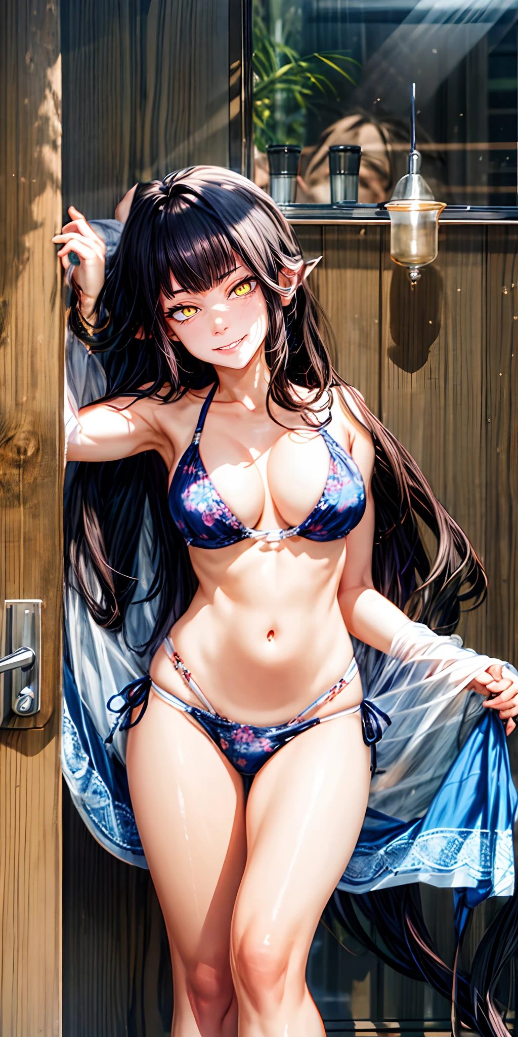 (shaded face:1.2), hollow eyes, yellow eyes, looking at viewer, heavy breathing, smirk, uppert teeth, long_hair, pointy_ears, yellow_eyes, black_hair, very_long_hair, bangs, breasts, long_hair, black_hair, swimsuit, bikini, 1girl,  black_bikini, black_hair, side-tie_bikini, breasts, long_hair, navel, blue_eyes, solo, smile, looking_at_viewer, collarbone, groin, stomach, standing, cleavage, string_bikini, bare_shoulders, medium_breasts, bangs, halterneck, towel, closed_mouth, "glow effects, godrays, Hand drawn, render, 8k, octane render, cinema 4d, blender, dark, atmospheric 4k ultra detailed, cinematic, Sharp focus, big depth of field, Masterpiece, colors, 3d octane render, 4k, concept art, trending on artstation, hyperrealistic, Vivid colors, extremely detailed CG unity 8k wallpaper, trending on CGSociety, Intricate, High Detail, dramatic",