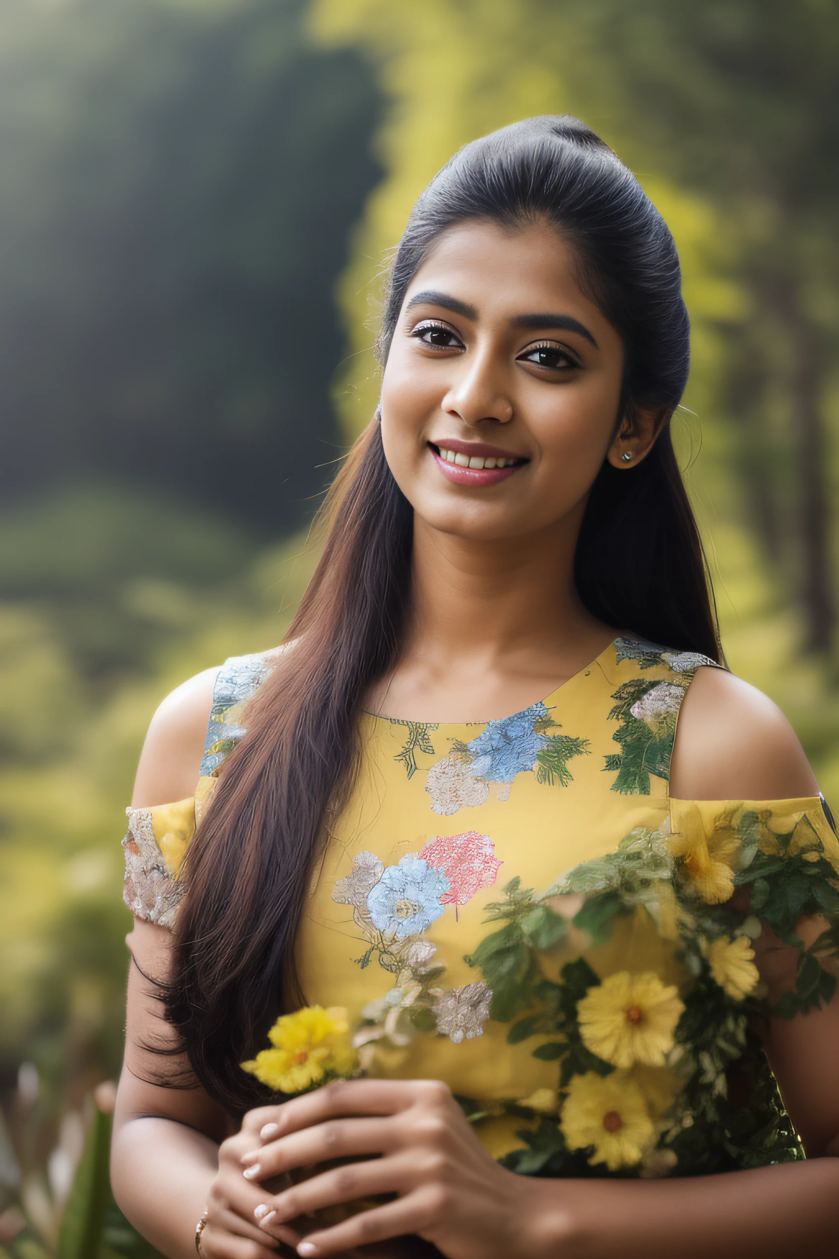 day scene, extreme close up photo of seductive indian model from top view wearing semi yellow top with big breast, big cheeks, red Hollywood lips, squatting near shrub in a garden, hourglass figure, armpits, (blue eyes:1), ponytail, necklace, 30 yo, look at viewer and smile,forest background (cinematic:1.3), intricate details, (ArtStation:1.2)