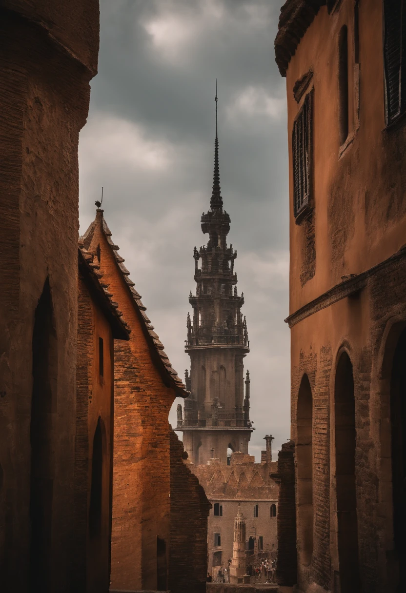 A boy stands at the top of a tall spire，The spire is small，The boy stood on the spire，The spire is only the size of one foot，The tower is tall and thin，Tower，The towers are all made of iron，There was only one person around，The tower sways from side to side，I feel like I'm going to fall，There is no way down,terror，photorealestic