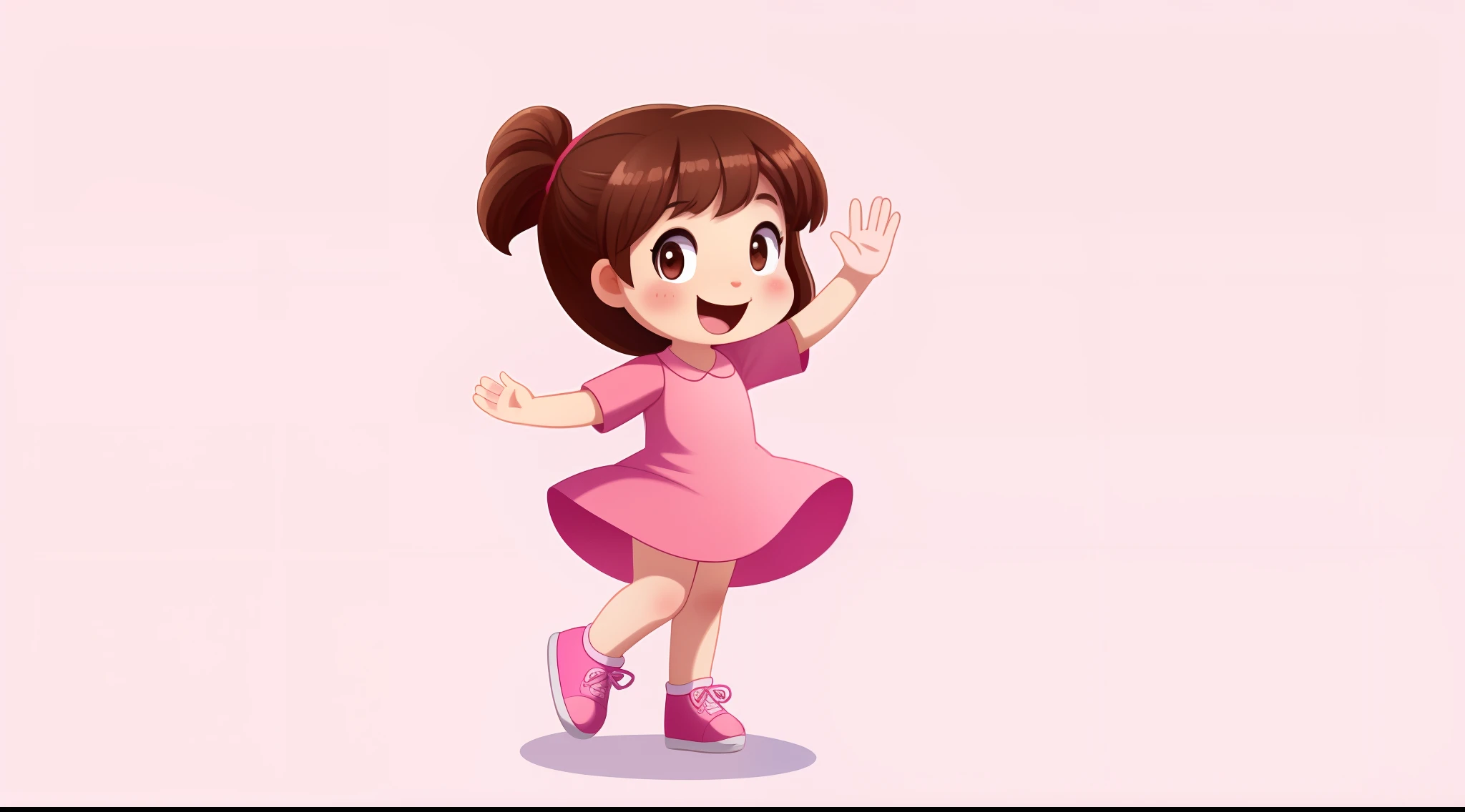 front image of a single 5 year old girl waving her hands, alone, happy, with brown hair, brown eyes, rosy cheeks, pink dress, white gloves, pink shoes, full body, white background, 2D style children's illustration.