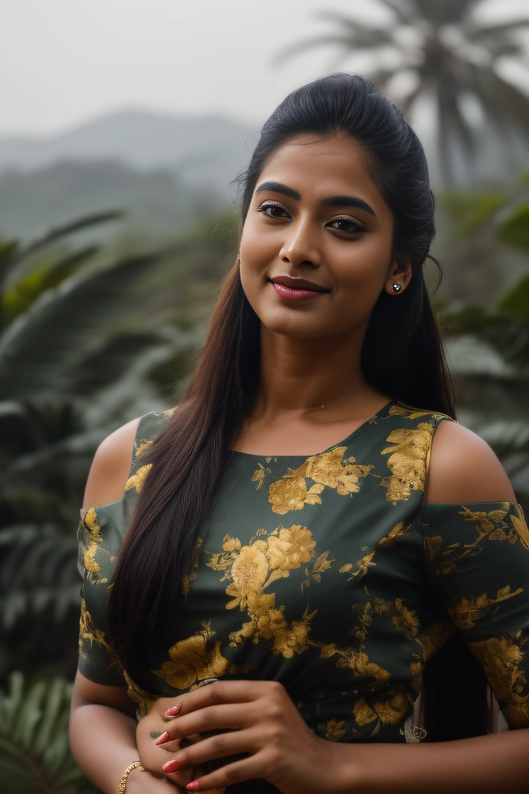 day scene, extreme close up photo of seductive indian model from top view wearing semi yellow top with big breast, big cheeks, red Hollywood lips, squatting near shrub in a garden, hourglass figure, armpits, (blue eyes:1), ponytail, necklace, 30 yo, look at viewer and smile,forest background (cinematic:1.3), intricate details, (ArtStation:1.2)