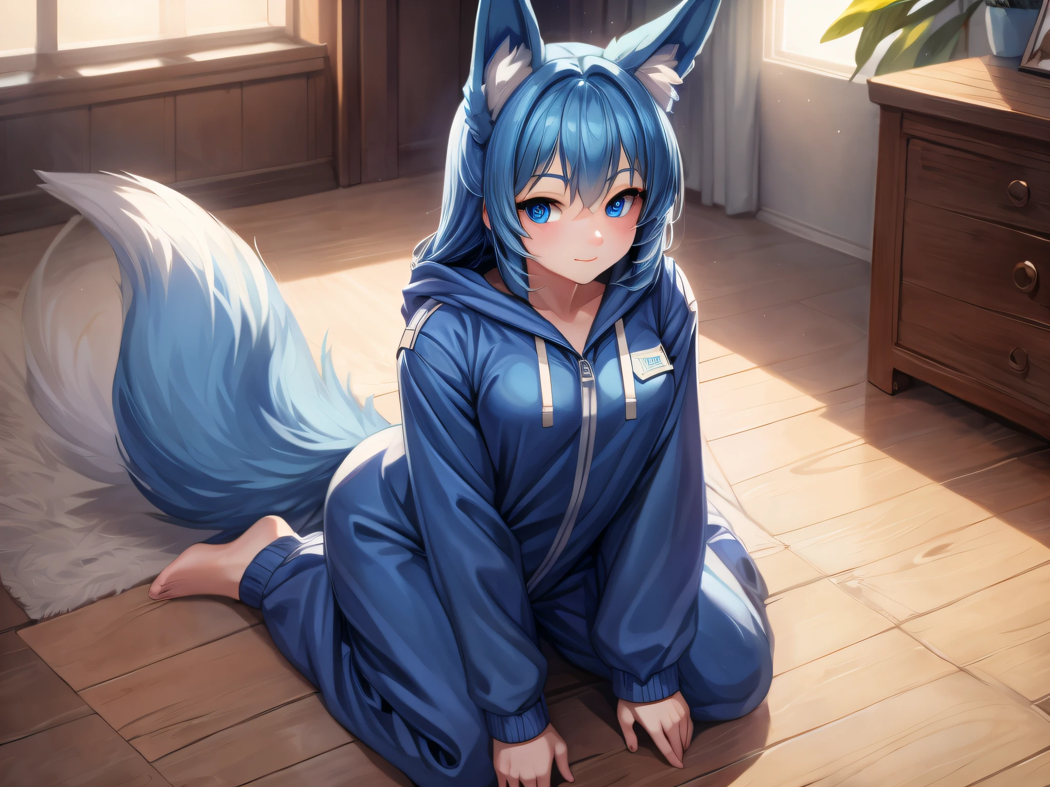 (Masterpiece) (High Detail) (High Res) A short humanoid girl with pale skin and blue eyes and long blue hair and blue dog ears and a big fluffy dog tail is looking welcoming and is kneeling on the floor alone dressed in a navy onesie.