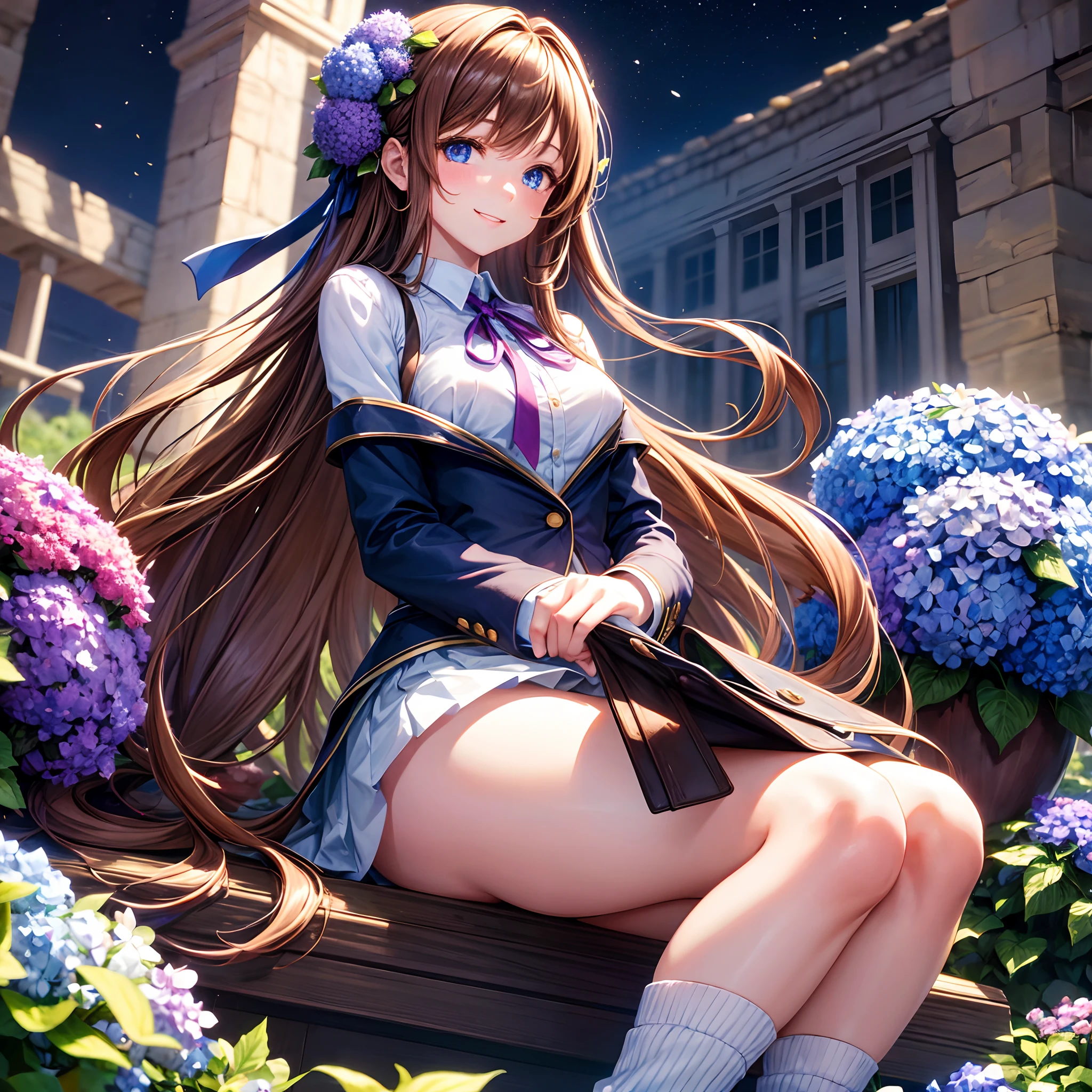 4K, Scenery in June, Beautiful woman, Long hair, Brown hair, a beauty girl，medium breasts, Blue eyes, White shirt, a smile，Hosccart，Loose Socks，Ribbon on Blazer, Night, Colorful hydrangeas，beautiful a girl，​masterpiece，