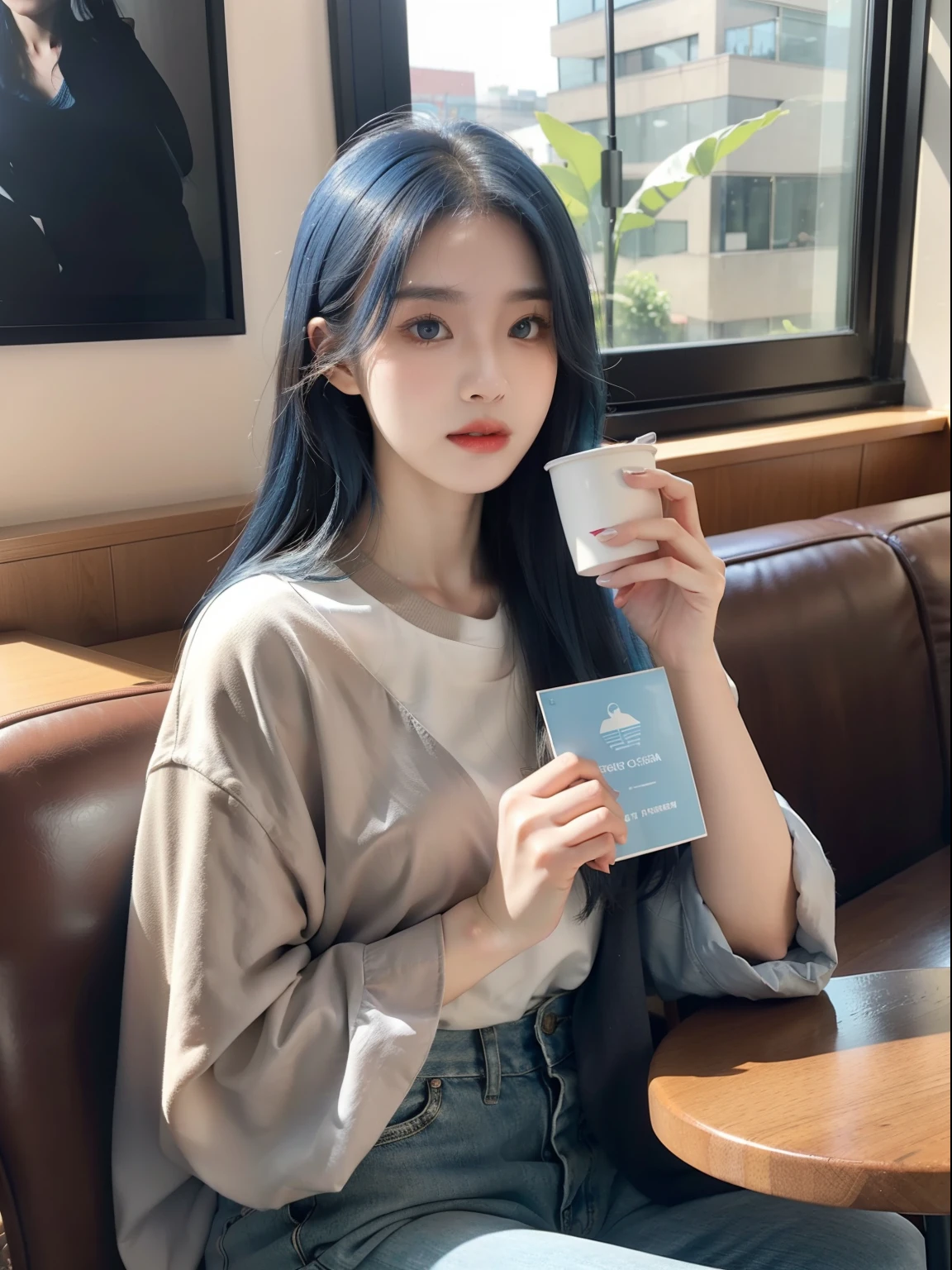 Leegahyeon Korean woman sitting at a café table，Holding a photo of sunlight shining through a coffee window, Blue hair, Dynamic pose, Skin texture, Pale skin, Shiny skin, (Slim, Petite:1.2), [:(sharp focus on face, Detailed face, Perfect eyes, view the viewer:1.2):0.2], Photorealistic, filmgrain, Best quality, Masterpiece