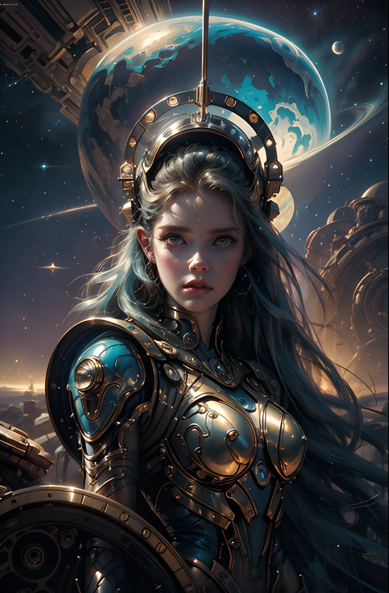 Close-up of a woman wearing a helmet and sci-fi, boris vallejo and tom bagshaw, Prophet graphic novel, Cosmic artifacts, Inspired by Earl Norem, deep dream, awarded on cgsociety, looks a bit similar to amy adams, golden turquoise steampunk, anno 2070,Future City, Universe, Technology, magic, reality,01