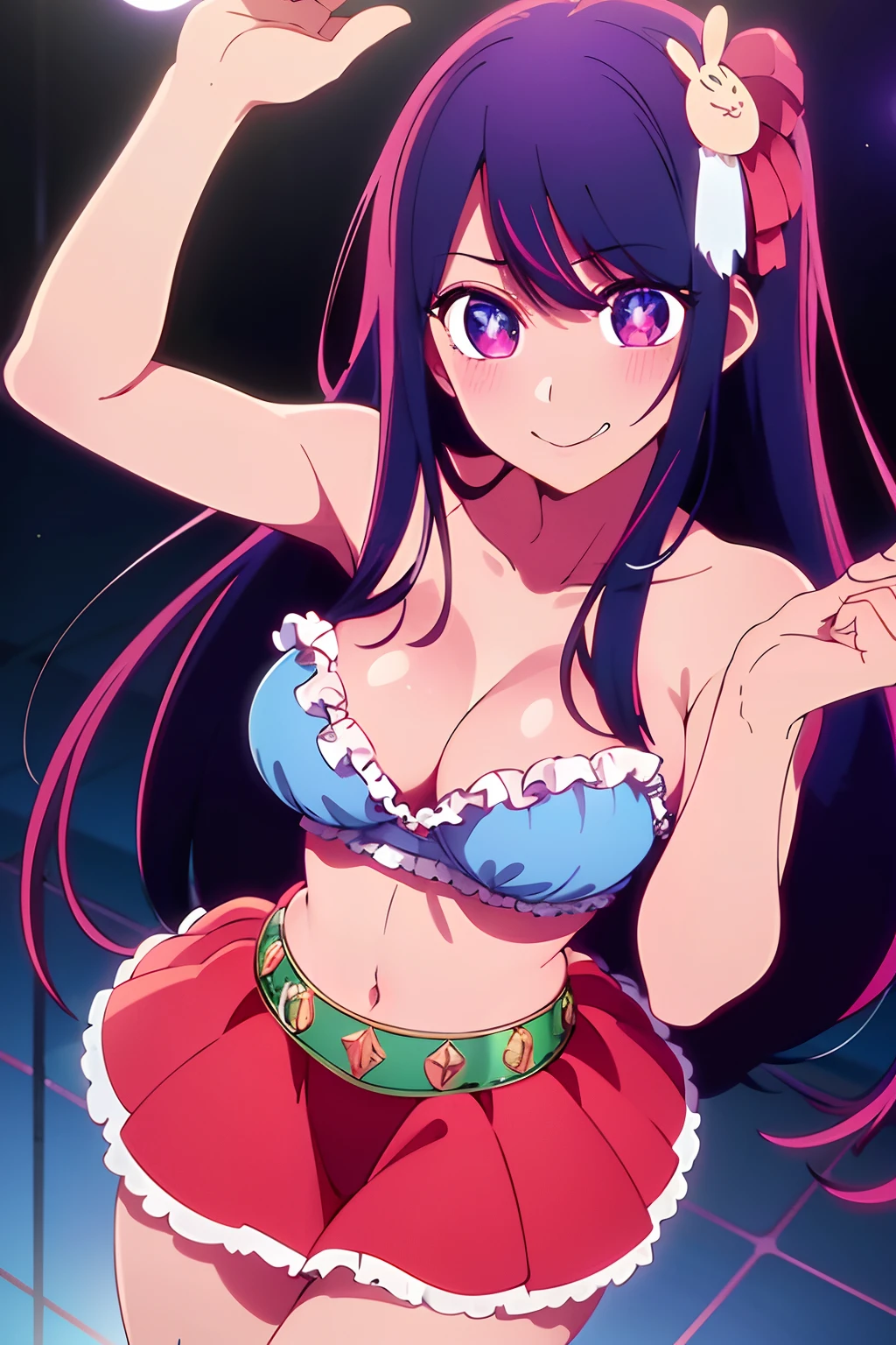 (8k, best quality, masterpiece:1.2), ultra-detailed, Masterpiece, realistic lighting,masterpiece, best quality, masterpiece,ultra high res,((photo realistic:1.4)),HDR image:0.1,Masterpiece,official art,extremely detailed CG unity 8k,beautiful detailed eyes,ultra-detailed face,((microphone )),light on face, 1woman, alone,full body,smile, idol, ((black sexy bra)),see-through panties,((perfect female figure)),ai_hoshino,(bule flower hair ornament ),smile, idol,narrow waist, looking at viewer,seductive posture,sexy pose,stage,(ultra detailed steage lighting),(background is a large display where you are reflected:1.2),nsfw,