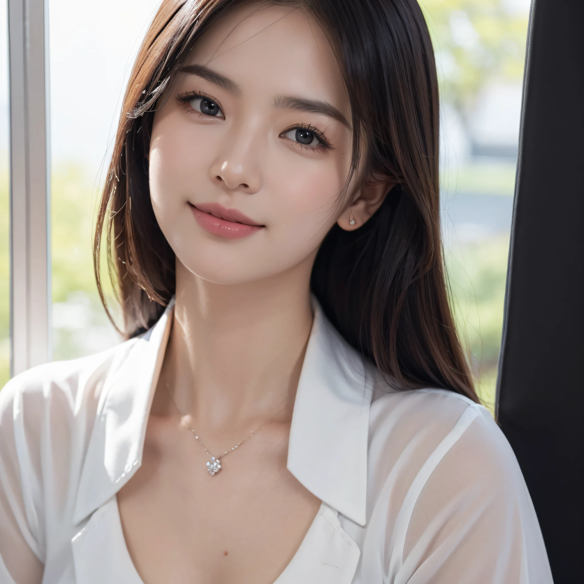 One super beautiful woman、((best qualtiy、8k masterpieces:1.3))、foco nítido:1.2、(ultra beautiful faces:1.0)、(shinny skin:1.0)、photos realistic、A dark-haired、Video Lighting、High-definition eyes and face、Japan Idol Actress、from the front side、medium breasts、Smile、Slender Abs Beauty、Whole body、wears a suit、wearing a shirts、In the office