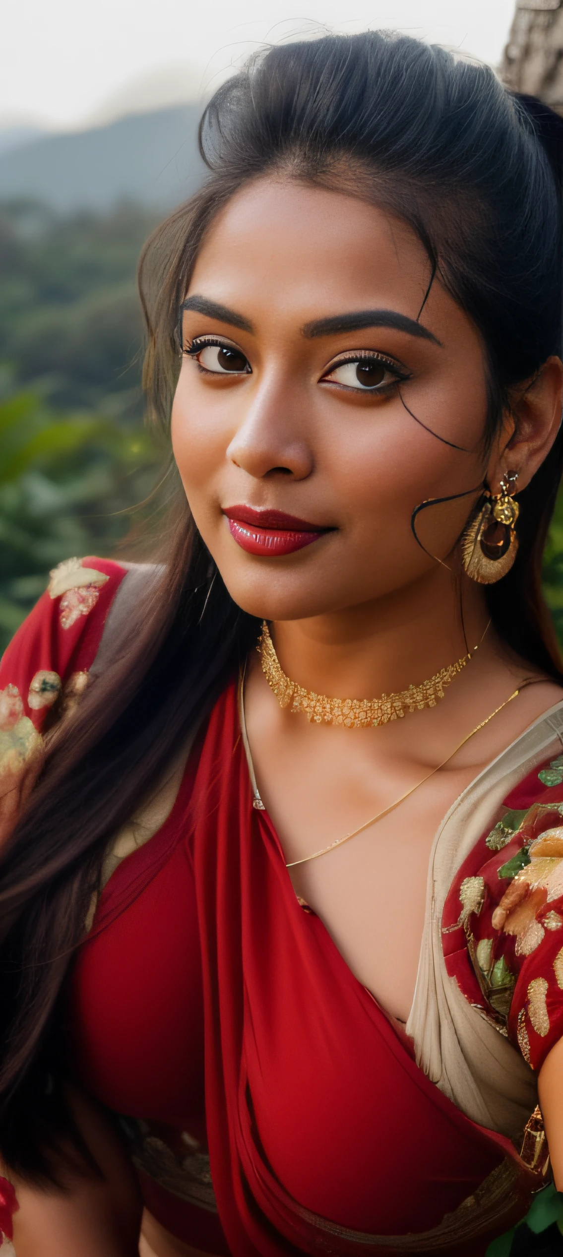 day scene, extreme close up photo of seductive indian model from top view wearing semi red top, big cheeks, red Hollywood lips, squatting near shrub in a garden, hourglass figure, armpits, (blue eyes:1), ponytail, necklace, 30 yo, look at viewer and smile,forest background (cinematic:1.3), intricate details, (ArtStation:1.2)