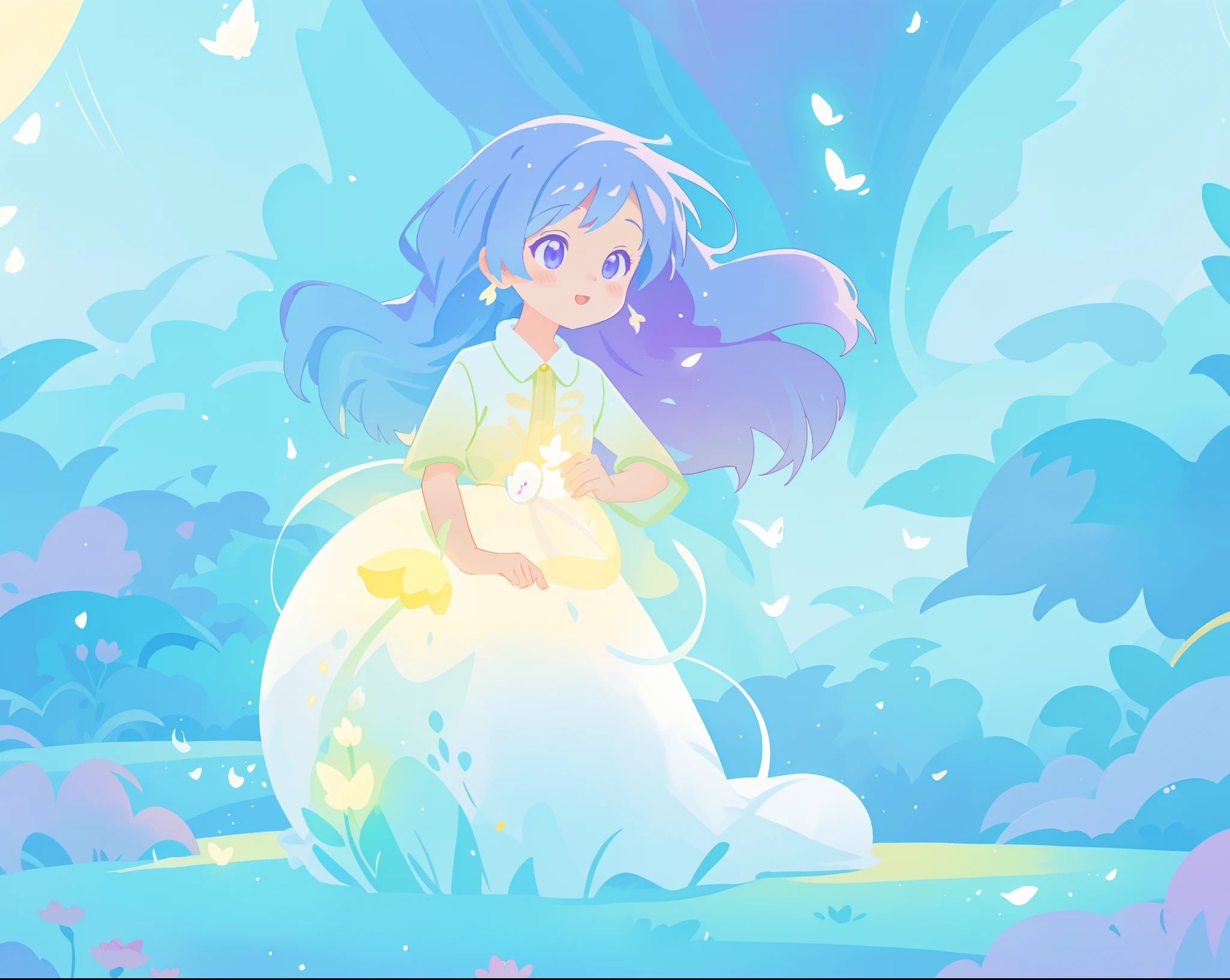 beautiful girl in yellow mint gradient flowing ballgown, long flowing blue purple hair, colorful fantasia background, watercolor illustration, disney art style, glowing aura around her, glowing lights, beautiful digital illustration, fantasia otherworldly landscape plants flowers, beautiful, masterpiece, best quality, anime disney style