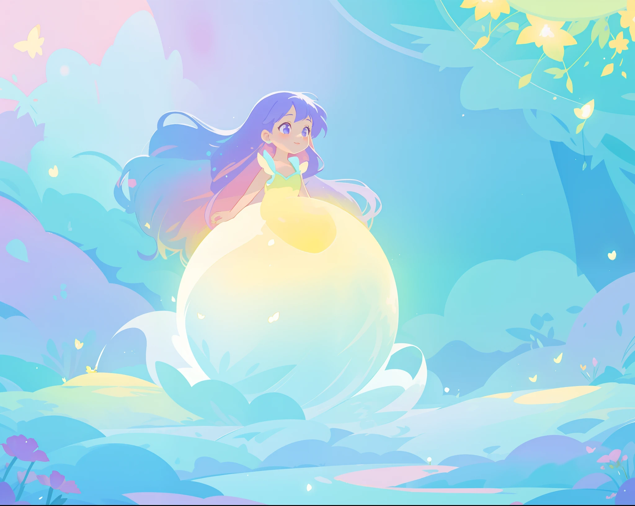 beautiful girl in yellow mint gradient flowing ballgown, long flowing blue purple hair, colorful fantasia background, watercolor illustration, disney art style, glowing aura around her, glowing lights, beautiful digital illustration, fantasia otherworldly landscape plants flowers, beautiful, masterpiece, best quality, anime disney style