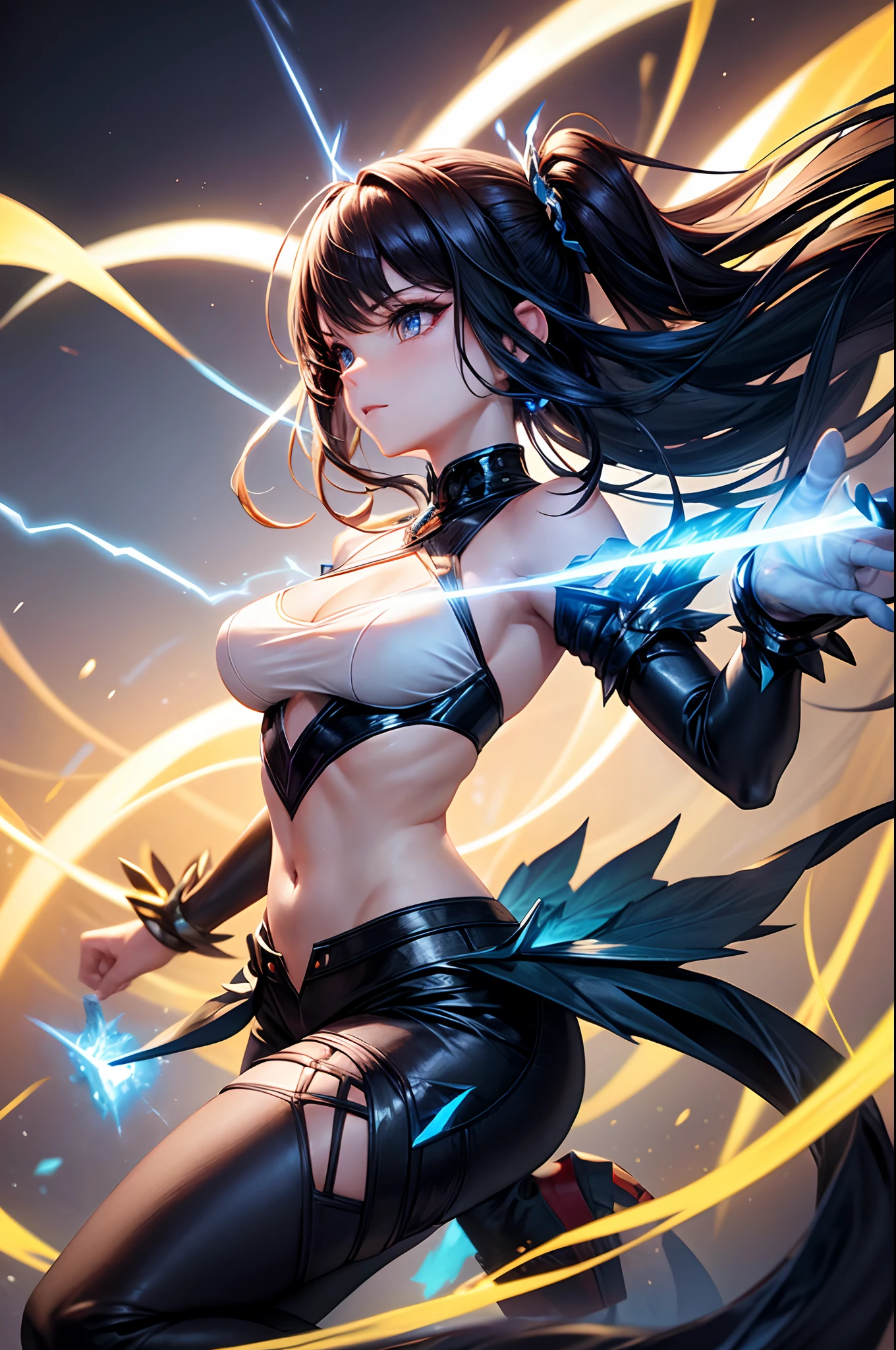 "Craft an electrifying image featuring a woman adorned with the wings of an electric dragon. Envision her in a dynamic ensemble — a sleek black cropped top paired with matching shorts, designed to accentuate her powerful yet graceful physique. The dragon wings, charged with vibrant bolts of electric blue, extend dramatically from her back, crackling with energy. The backdrop immerses her in a realm where electric currents dance, creating a visually stunning atmosphere. An aura of shimmering sparks surrounds her, adding a touch of electrifying magic to the scene. Her hair, intricately styled with electric highlights, complements the dynamic nature of the composition. The woman's gaze is carefully crafted to radiate confidence and allure, drawing viewers into the captivating embrace of her electric charm. This composition seamlessly blends elements of power and beauty in an electrifying, fantastical scenario."