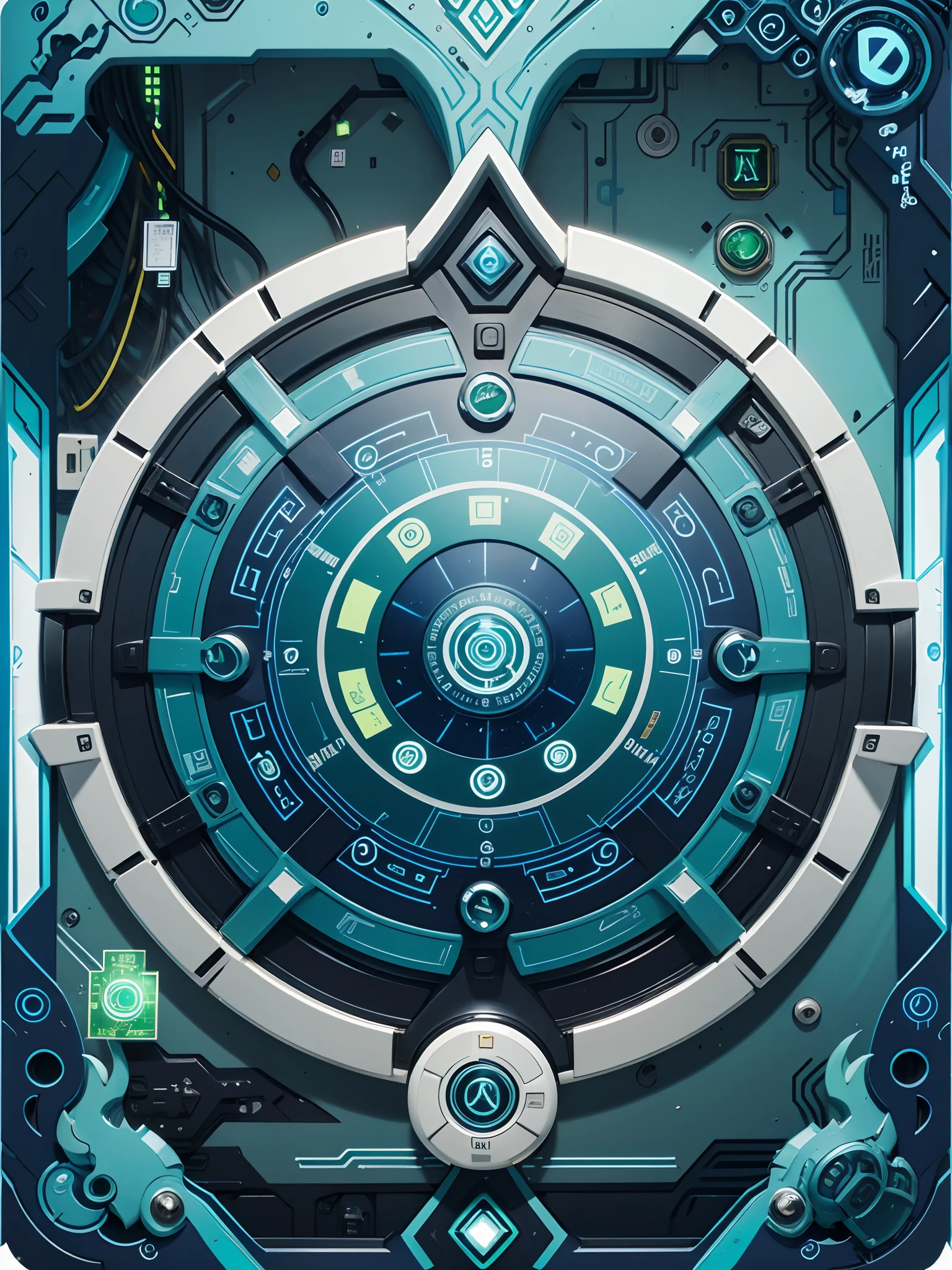 (best quality, full image) 1 object, back of a tcg card shaped like blue and green circuits, chip in the center and a indigo background