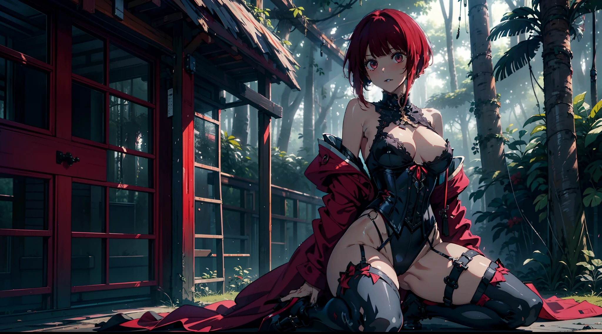 1female，15yo，Slim，熟妇，medium cleavage breasts Thin waist，slenderlegs，Pornographic exposure， 独奏，Arima Kana, star pupils, (black corset, robe, stocking, red high heels), looking at viewer,（Background with：ln the forest，the rainforest，in summer，sexy pose，Sweat profusely，drenched all over the body，seen from the front， hair straight， mostly cloudy sky，（（（tmasterpiece），（Very detailed CG unity 8K wallpaper），best qualtiy，cinmatic lighting，detailed back ground，beatiful detailed eyes，Bright pupils，（Very fine and beautiful），（Beautiful and detailed eye description），ultra - detailed，tmasterpiece，）），facing at camera，（Full body photo），Show shoes，A high resolution，ultra - detailed），revealing breasts， Bulge，legs are open，Raised sexy，Flushed complexion，Open-mouthed，frontage，full body,