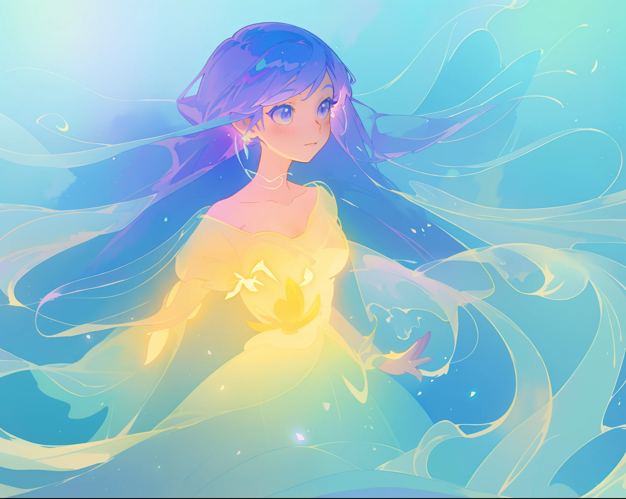 beautiful girl in yellow mint gradient flowing ballgown, long flowing blue purple hair, colorful fantasia background, watercolor illustration, disney art style, glowing aura around her, glowing lights, beautiful digital illustration, fantasia otherworldly landscape plants flowers, beautiful, masterpiece, best quality, anime disney style