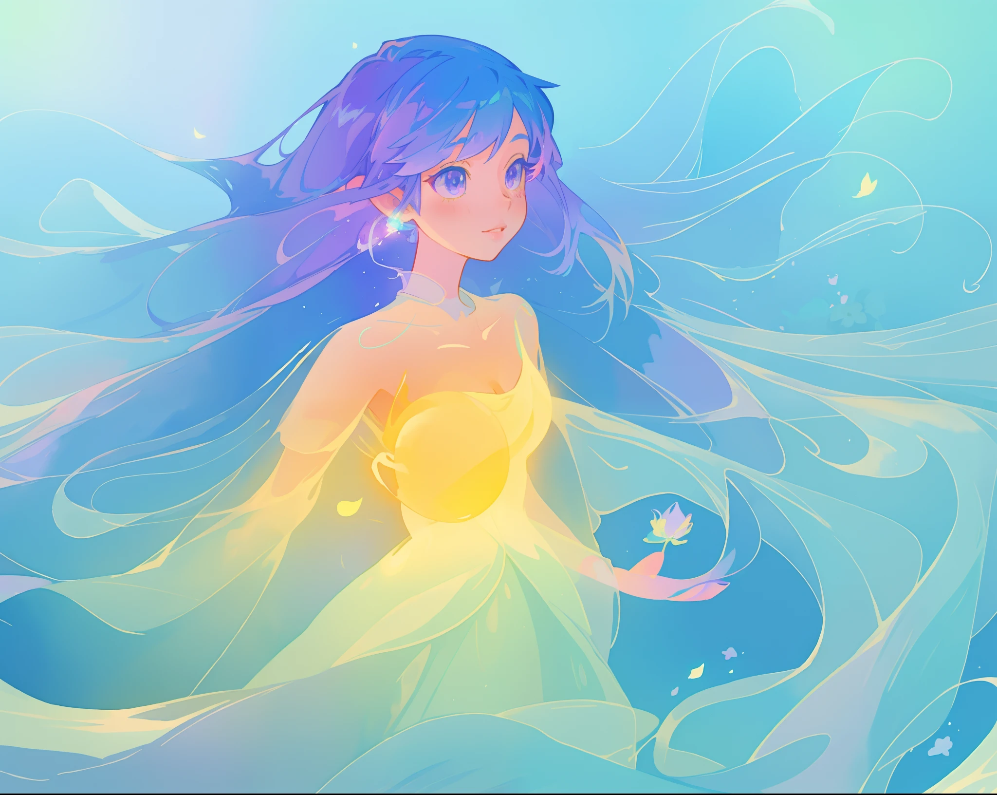 beautiful girl in yellow mint gradient flowing ballgown, long flowing blue purple hair, colorful fantasia background, watercolor illustration, disney art style, glowing aura around her, glowing lights, beautiful digital illustration, fantasia otherworldly landscape plants flowers, beautiful, masterpiece, best quality, anime disney style