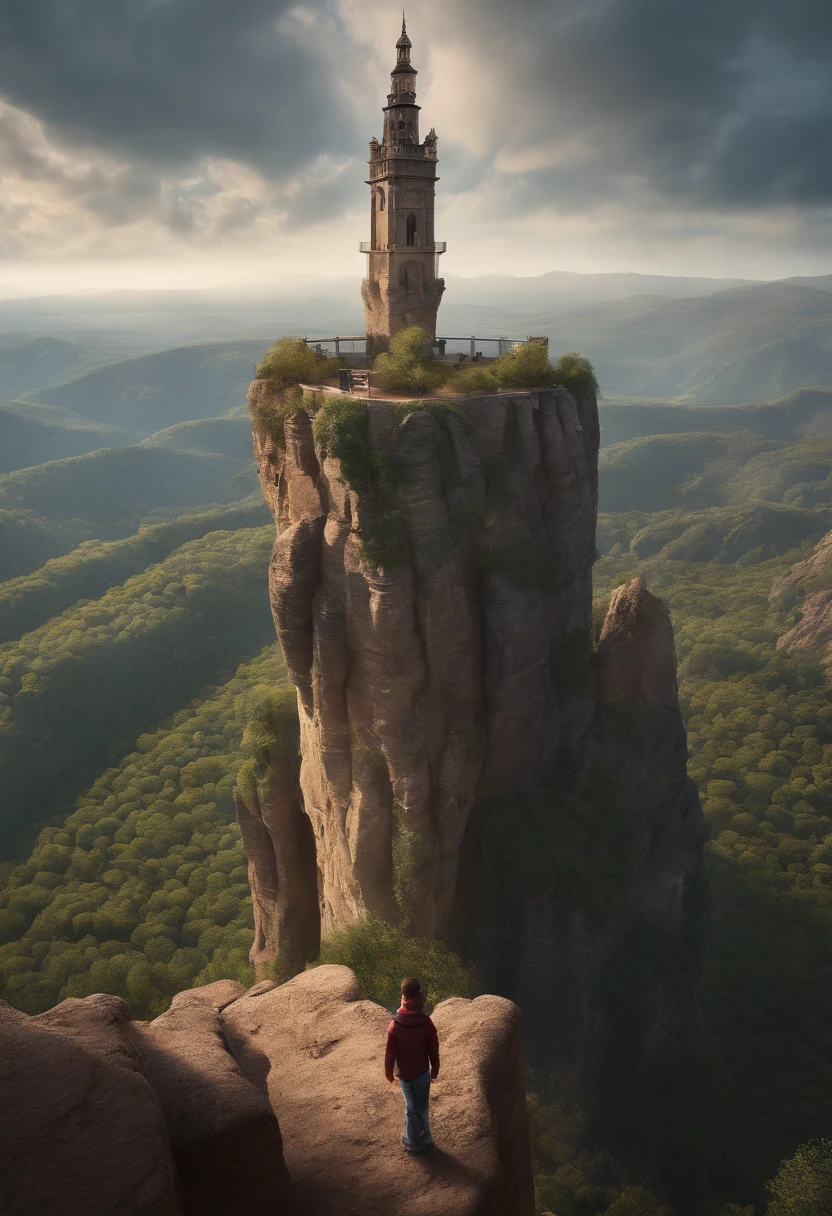 (a boy looking down from a tiny narrow pinnacle, boy's perspective, boy standing on top of a one-foot large pinnacle, tower tall and thin, iron tower, these towers all made of iron, no one around, tower swaying from side to side, feeling about to fall, no way to descend, horrifying, photorealistic)