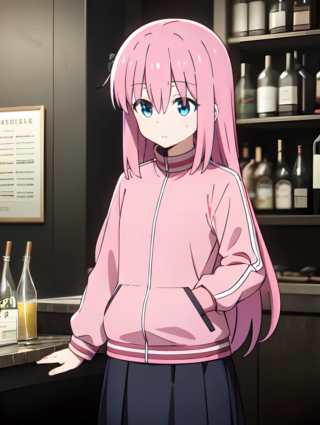 anime_still, masterpiece, best quality, 1girl, Gasai Yuno, large breasts, pink hair, long hair, solo, sitting, tiles, looking at viewer, low twintails, wearing a black choker, (wearing a black leather jacket:1.5), wearing blue jeans, wearing a black t-shirt, red eyes, ((yandere)), 23yo woman, crazy, crazy smile, crazy eyes, looking at viewer, indoors, blood, blood splatter, 