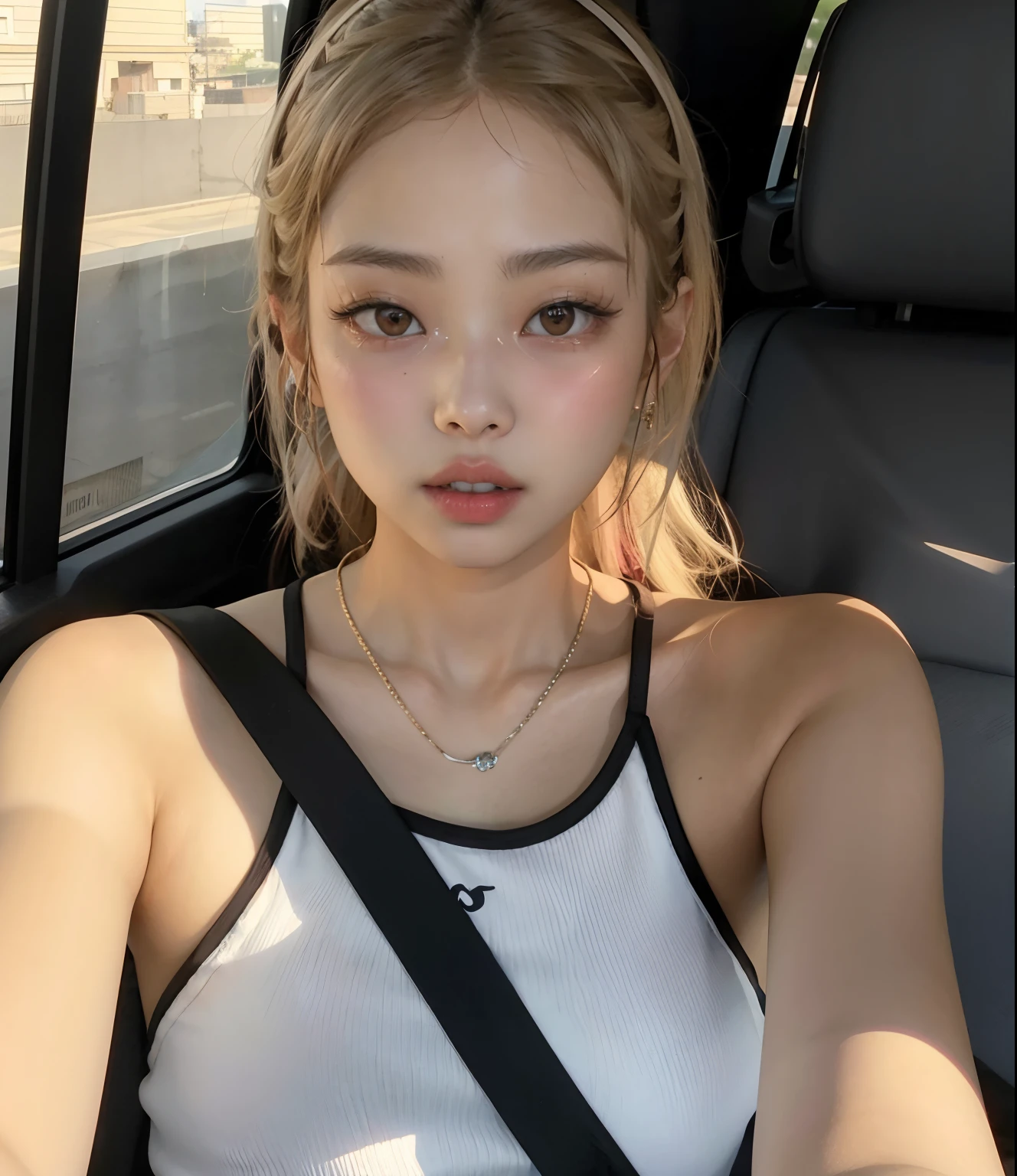 there is a woman sitting in a car with a cell phone, Blackpink Jennie, Parque Roseanne de Blackpink, Jossi de Blackpink, Heonhwa Choe, Taejune Kim, Sun Yunjoo, Lleva una camiseta negra sin mangas, Usar una camiseta sin mangas de corte bajo, Kim Doyoung, Hermosa joven coreana, Jinyoung Shin, Gongbi, Gemma Chen