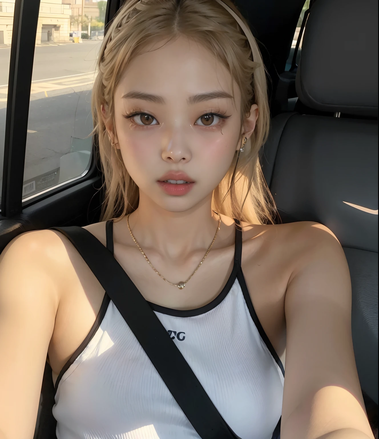 there is a woman sitting in a car with a cell phone, Blackpink Jennie, Parque Roseanne de Blackpink, Jossi de Blackpink, Heonhwa Choe, Taejune Kim, Sun Yunjoo, Lleva una camiseta negra sin mangas, Usar una camiseta sin mangas de corte bajo, Kim Doyoung, Hermosa joven coreana, Jinyoung Shin, Gongbi, Gemma Chen