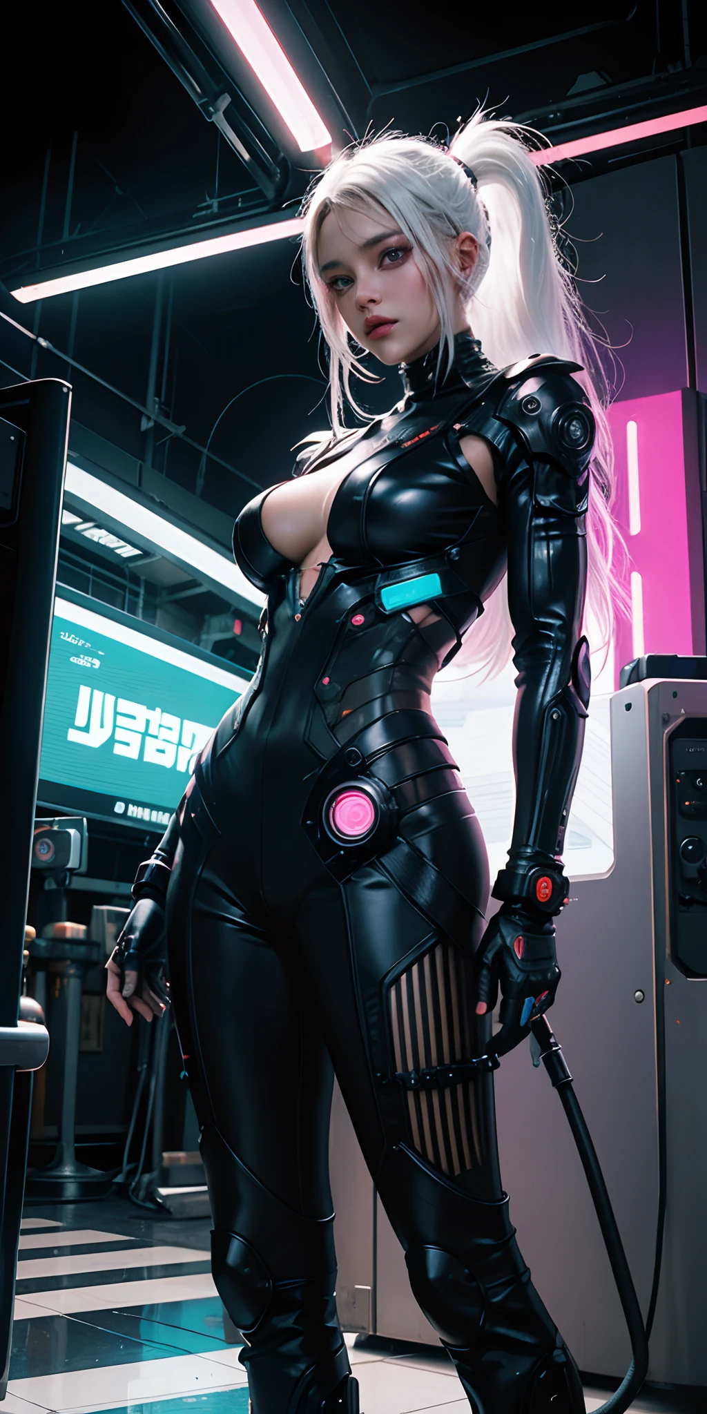 Una chica cyborg retrofuturista con luces de neon ,muchas partes mecanicas , white hair ,big tits , estilo cyberpunk,colores synthwave,otro planeta